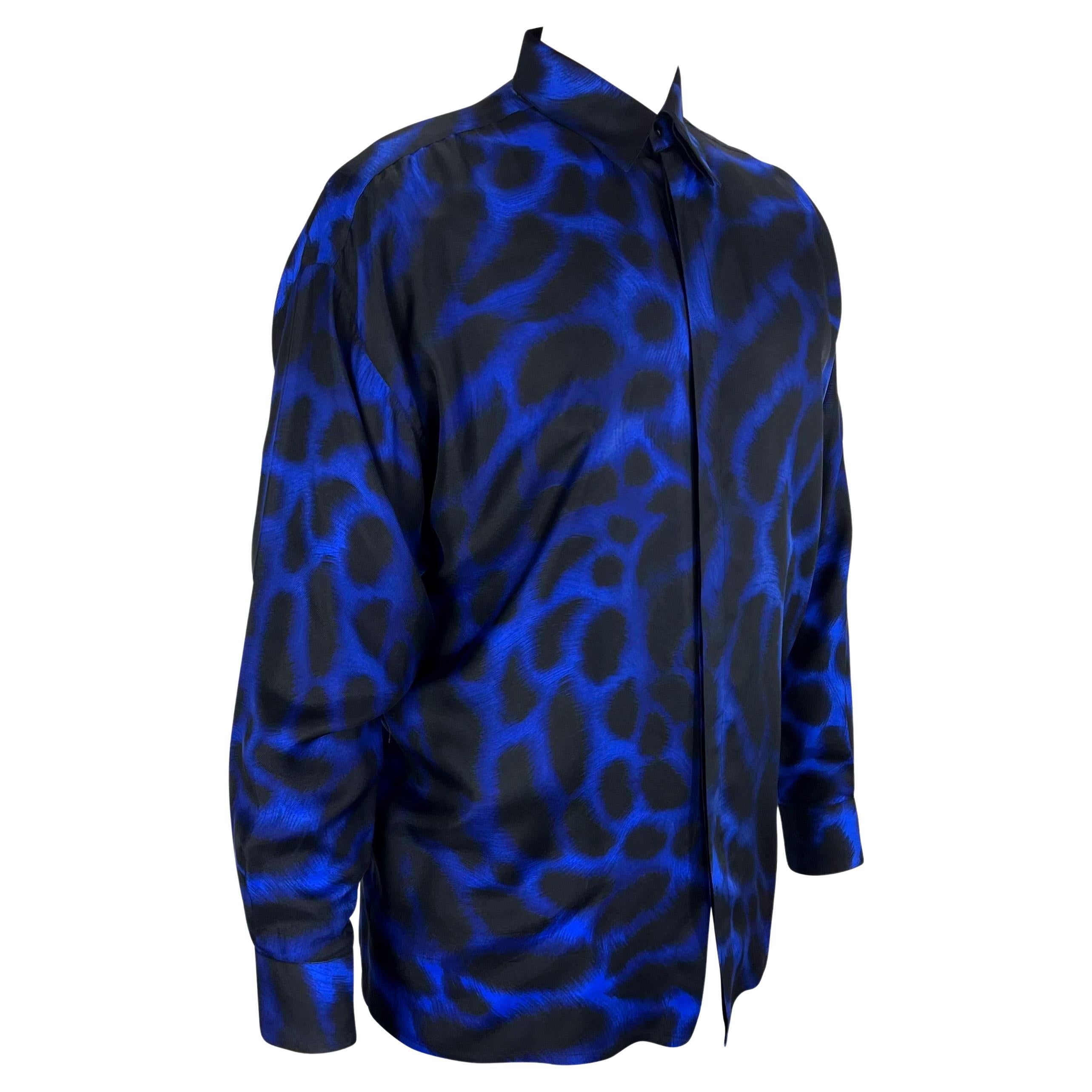 1992 Gianni Versace Men's Blue Leopard Print Silk Button Down Shirt 3