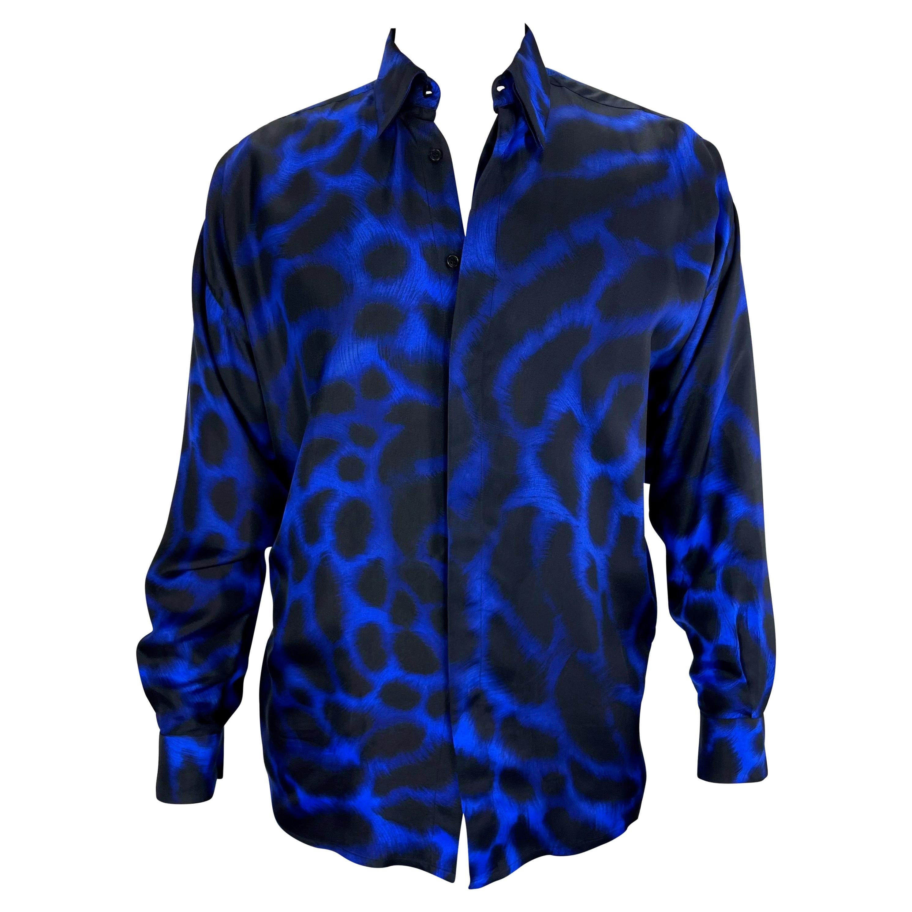 1992 Gianni Versace Men's Blue Leopard Print Silk Button Down Shirt