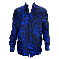 1992 Gianni Versace Men's Blue Leopard Print Silk Button Down Shirt