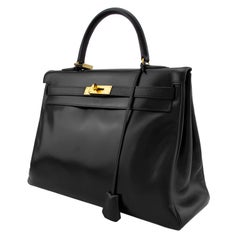 1992 Hermes Black 35cm Kelly Supple Box Bag with Thick Strap