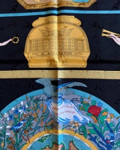 1992 Hermès Black “Geographe” by Sandra Laroche Silk Jacquard Scarf