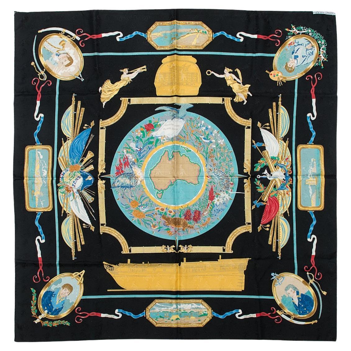 1992 Pañuelo Hermès Negro "Geographe" by Sandra Laroche Jacquard de Seda en venta