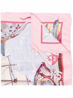 1992 Hermes C.Colomb Decouvre l Amerique by C.de Percevaux Pink Silk Scarf