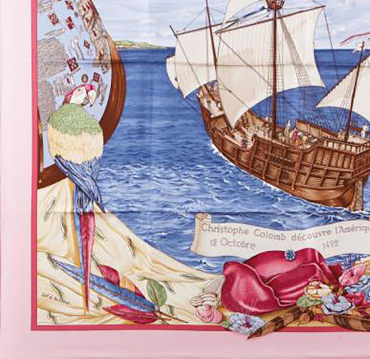 1992 Hermes C.Colomb Decouvre l Amerique by C.de Percevaux Pink Silk Scarf 1