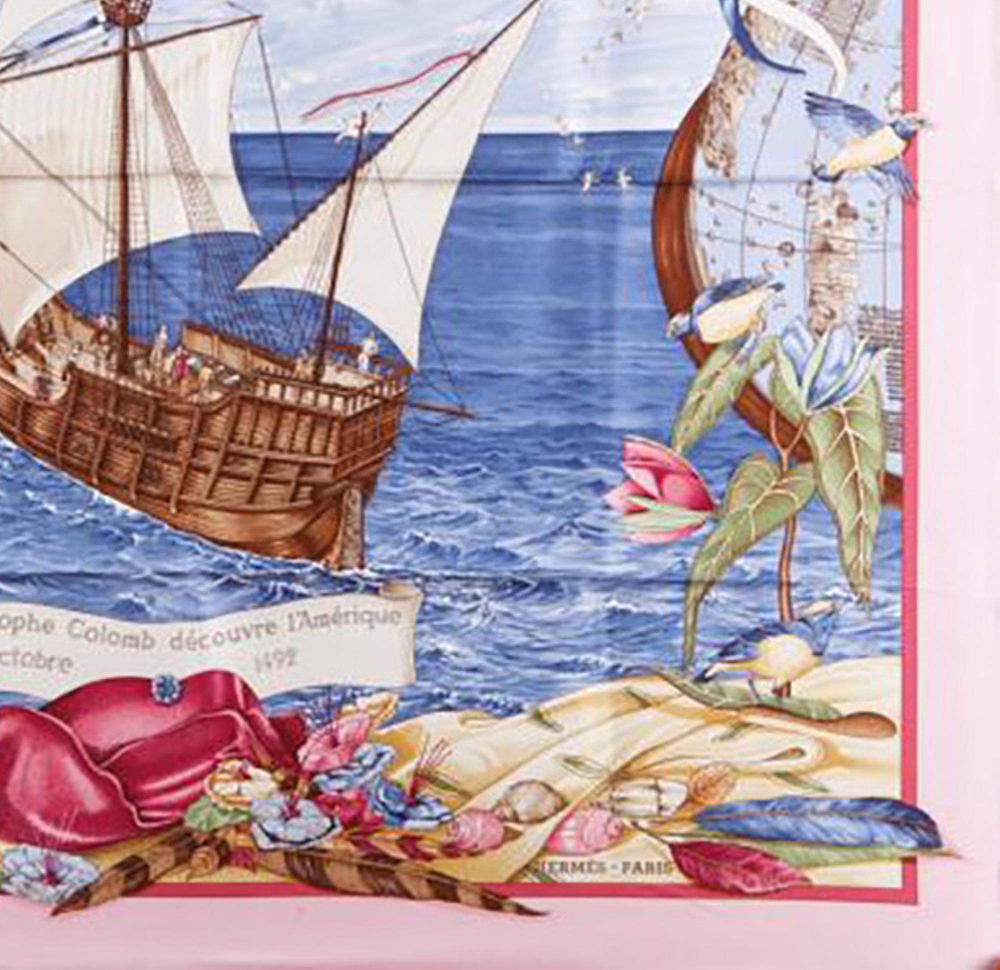 1992 Hermes C.Colomb Decouvre l Amerique by C.de Percevaux Pink Silk Scarf 2