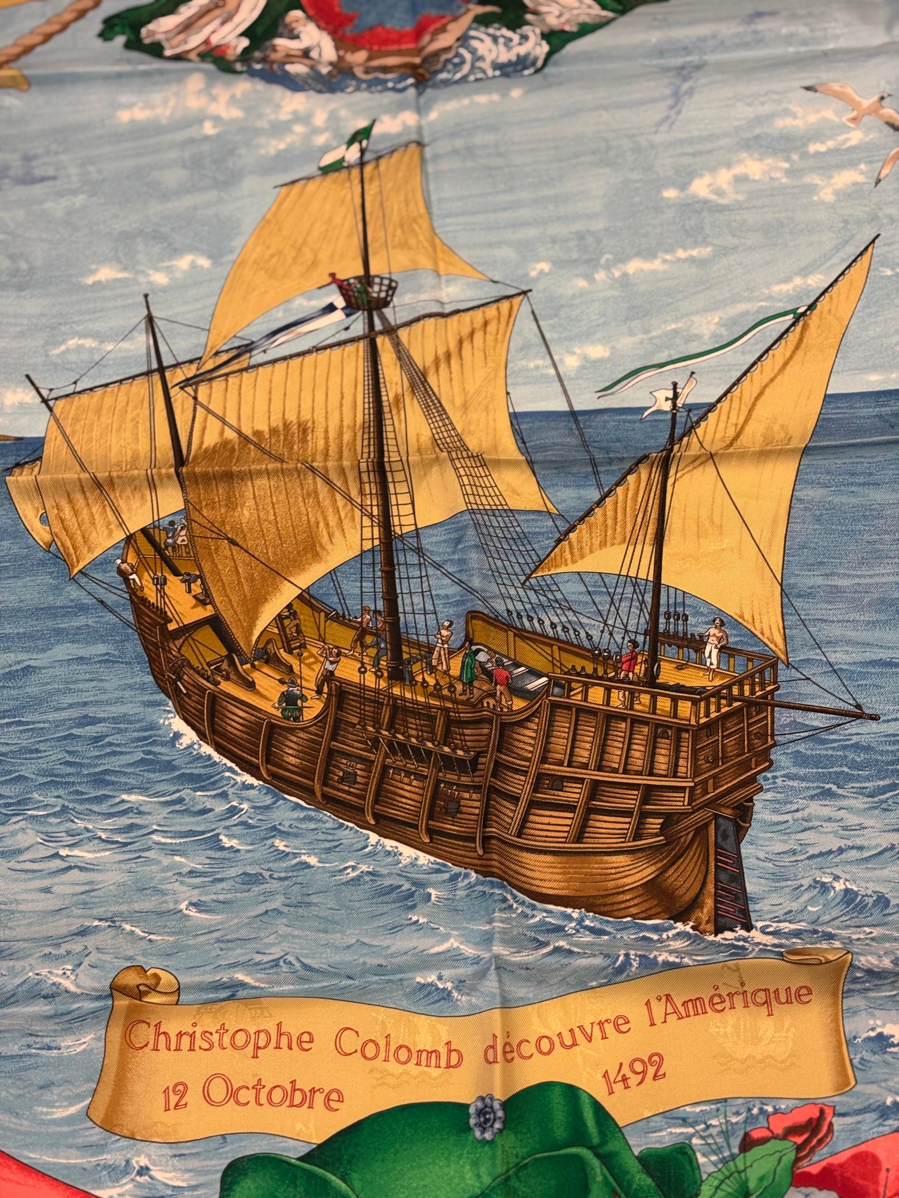 Beautiful silk scarf designed by Carl de Parceveaux which celebrates and commemorates the 500th anniversary of Christopher Columbus's discovery of America on October 12, 1492. This Hermes Christopher Columbus Decouvre l'Amerique, is an historical