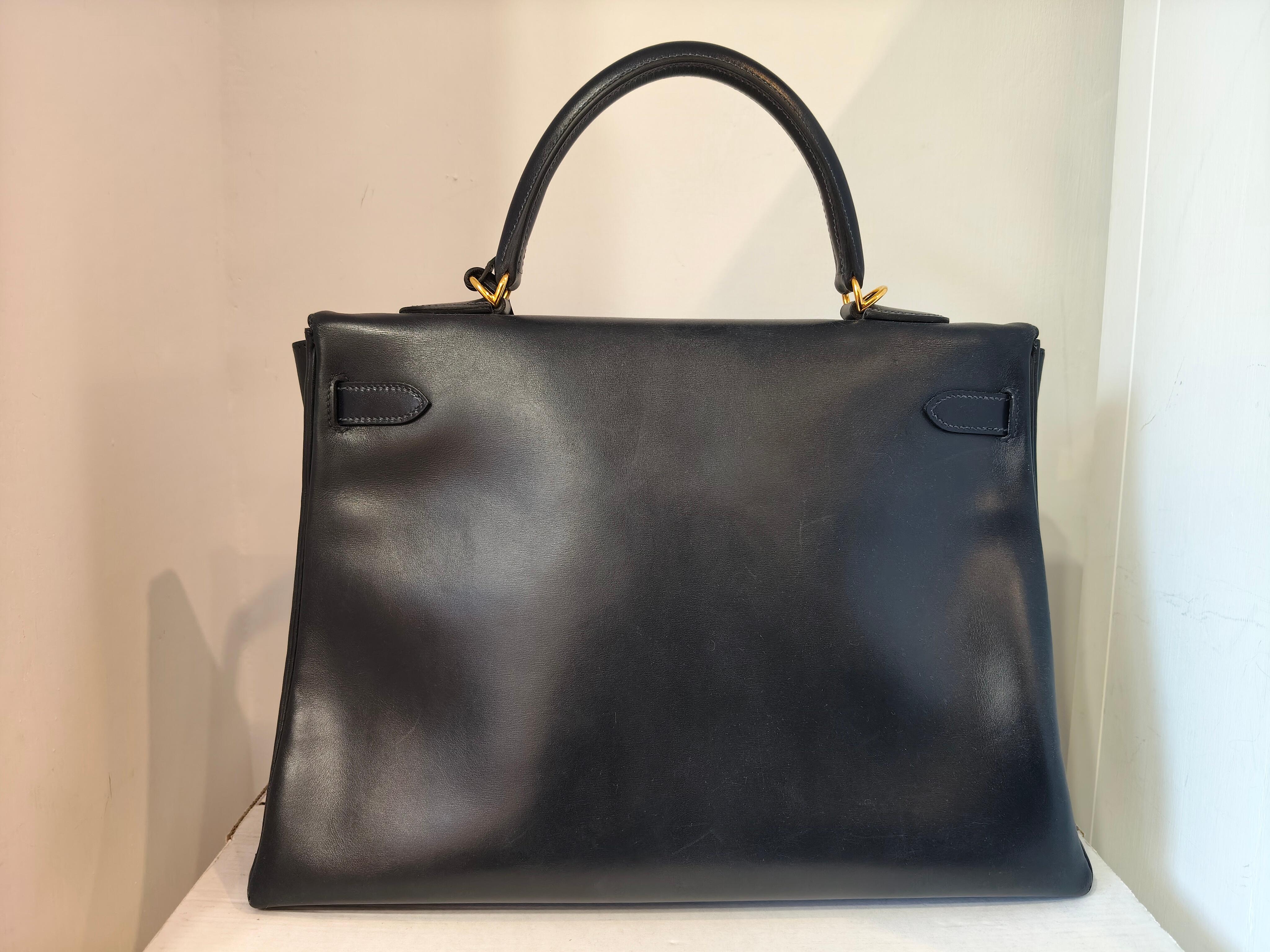 Black 1992 Hermes Kelly  dark Blue navy size 35 For Sale