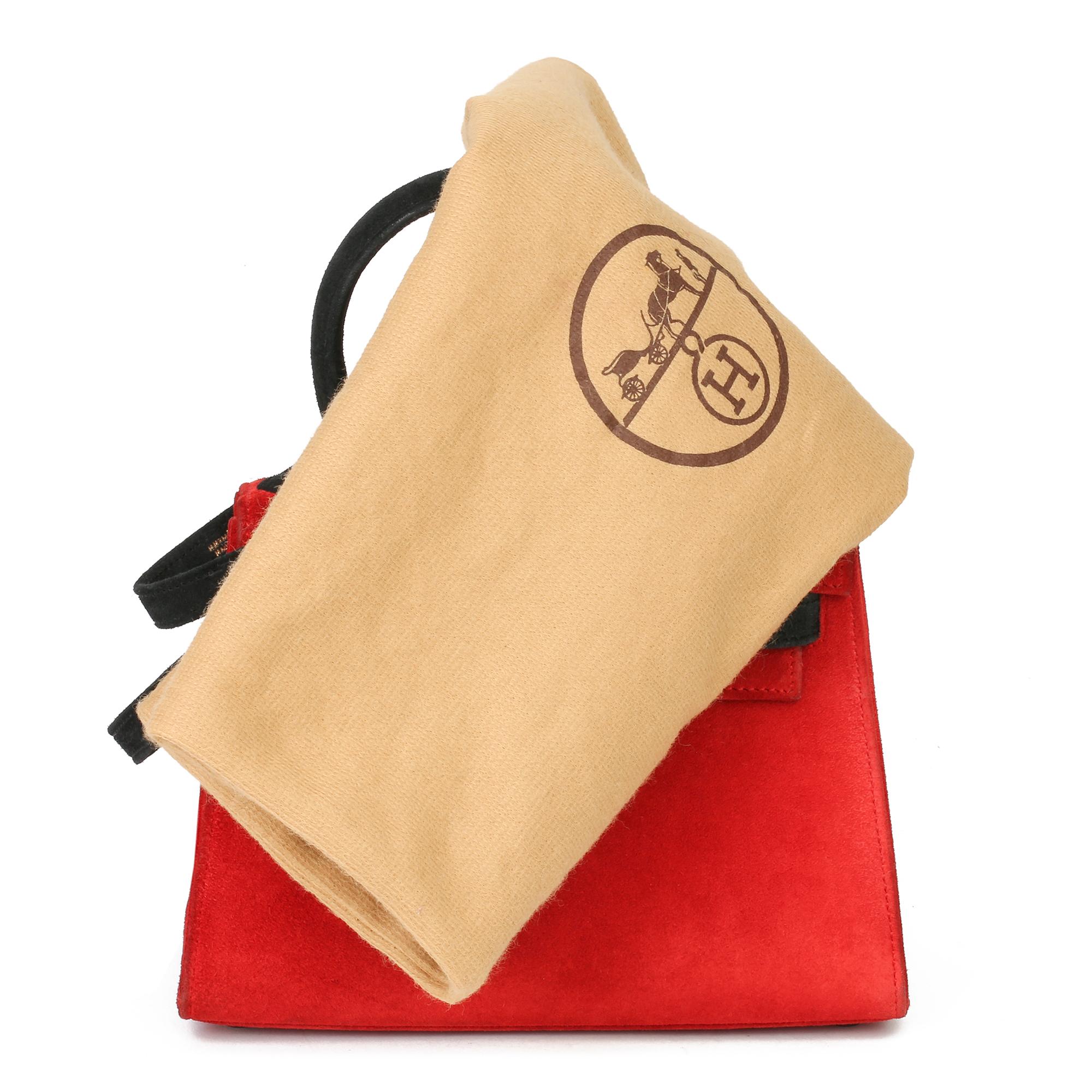 1992 Hermès Rouge Vif & Schwarz Veau Doblis Wildleder Vintage Kelly 20cm Sellier im Angebot 5