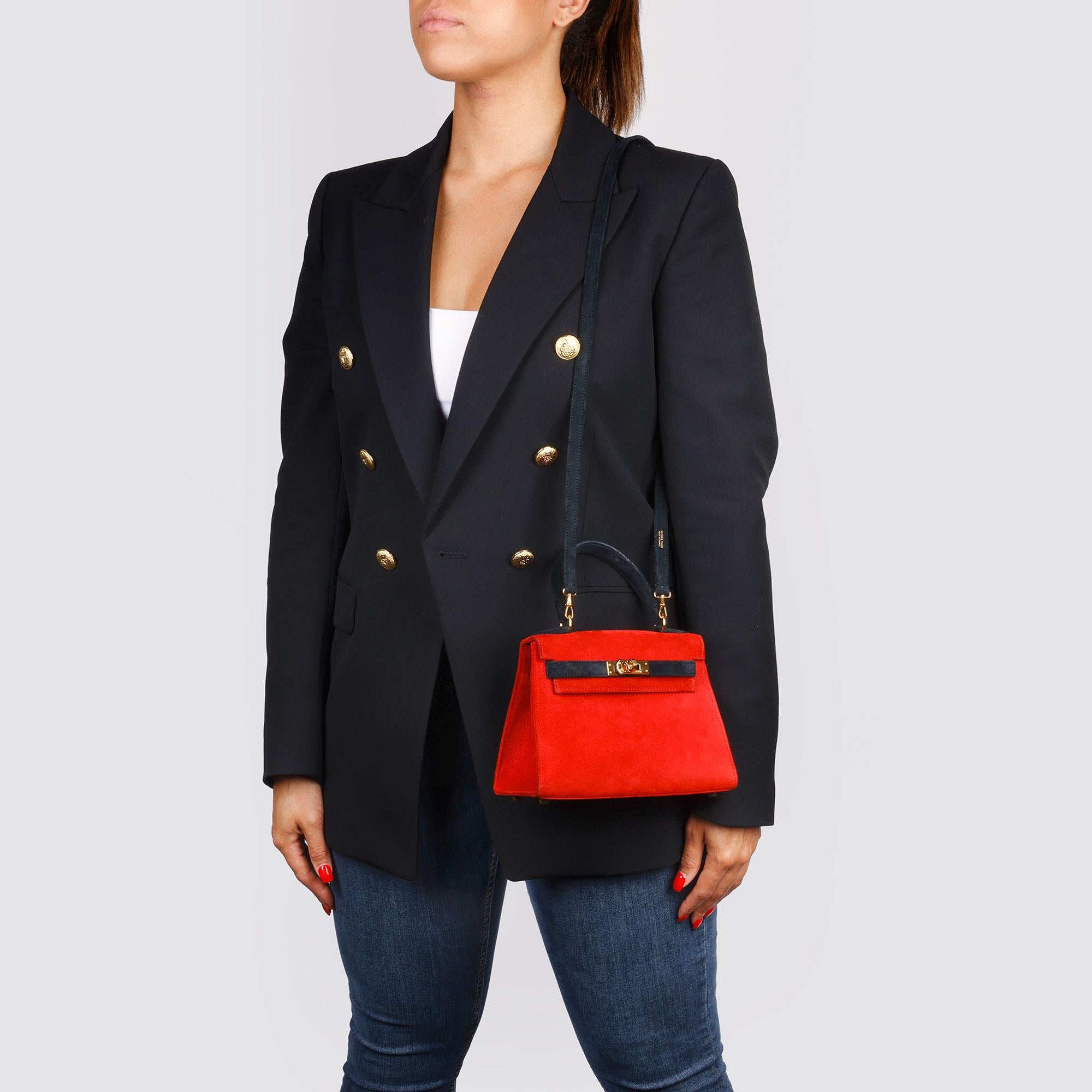 1992 Hermès Rouge Vif & Black Veau Doblis Suede Vintage Kelly 20cm Sellier For Sale 6