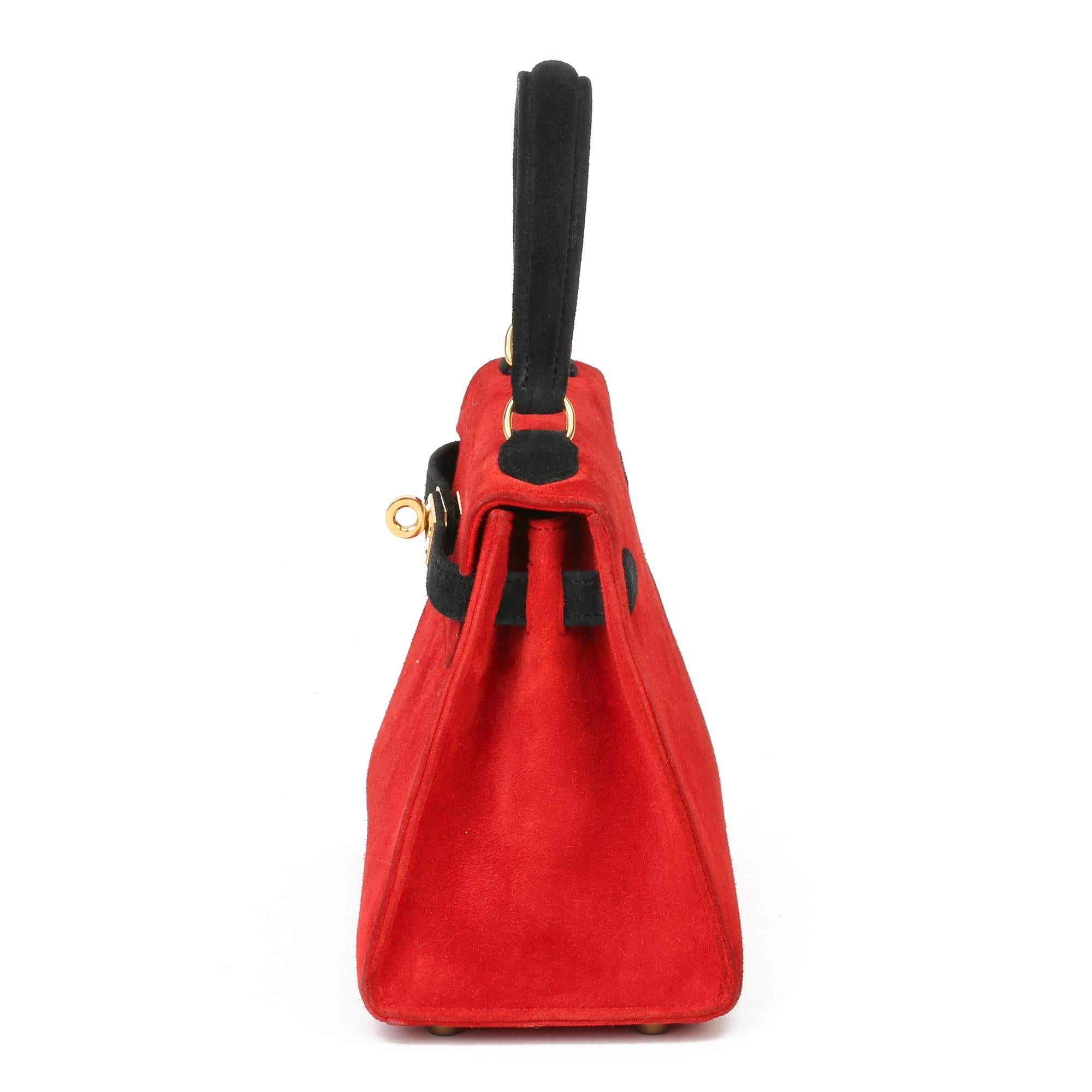 1992 Hermès Rouge Vif & Schwarz Veau Doblis Wildleder Vintage Kelly 20cm Sellier (Rot) im Angebot