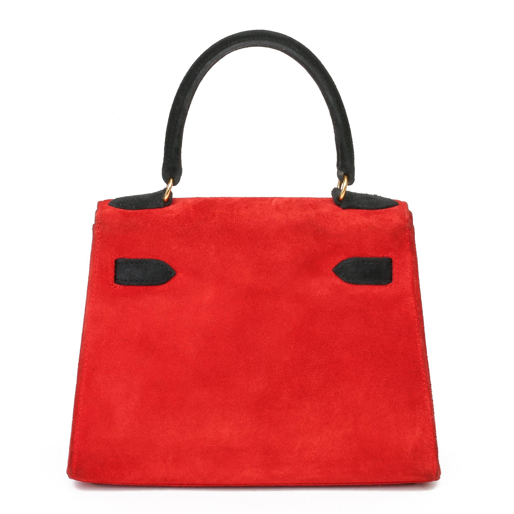 1992 Hermès Rouge Vif & Schwarz Veau Doblis Wildleder Vintage Kelly 20cm Sellier im Zustand „Hervorragend“ im Angebot in Bishop's Stortford, Hertfordshire
