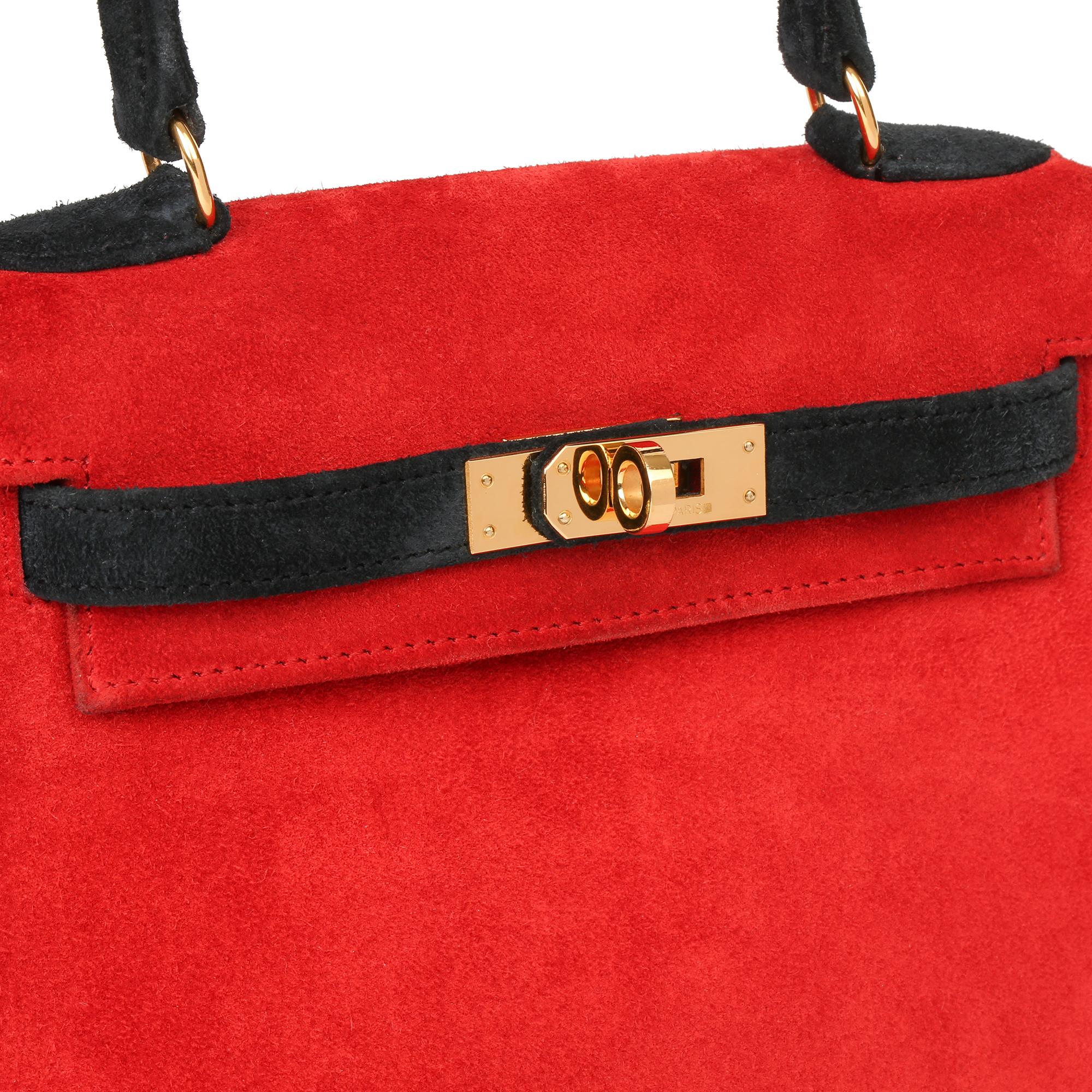 Red 1992 Hermès Rouge Vif & Black Veau Doblis Suede Vintage Kelly 20cm Sellier