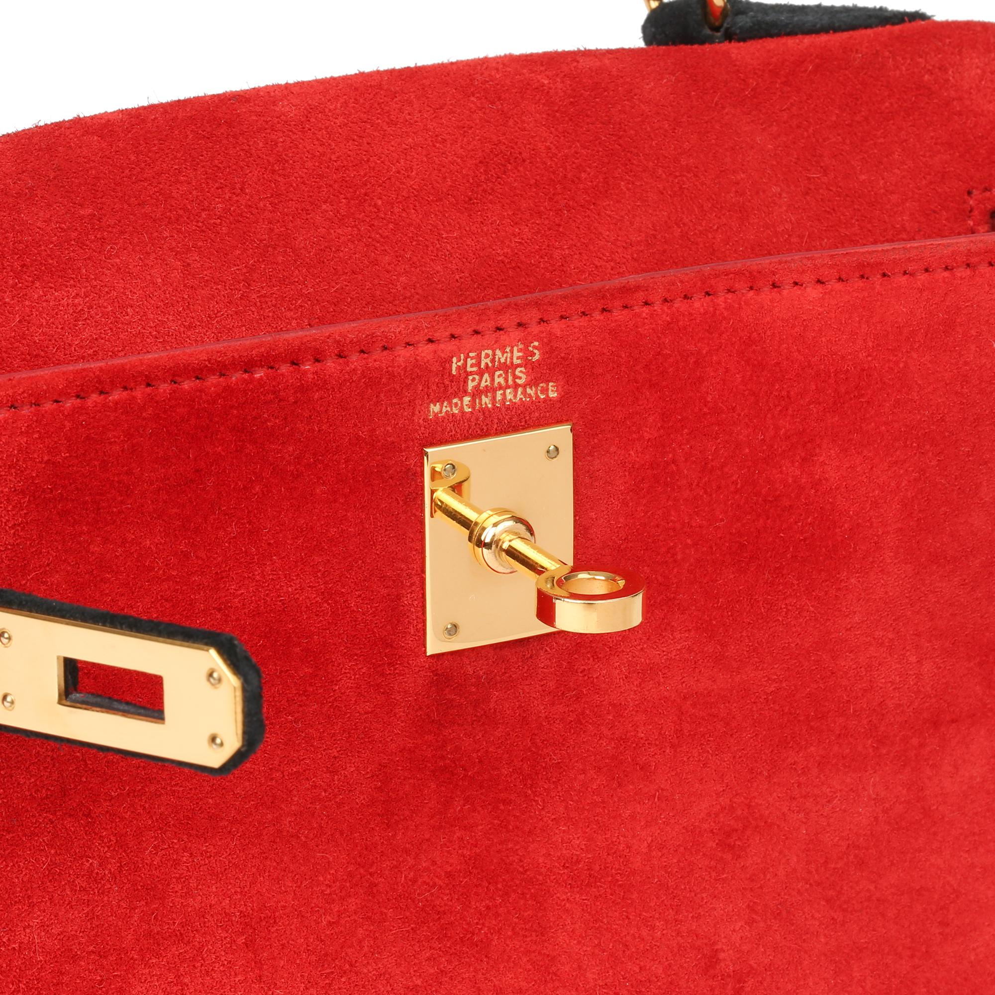 1992 Hermès Rouge Vif & Schwarz Veau Doblis Wildleder Vintage Kelly 20cm Sellier im Angebot 3