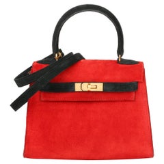 1992 Hermès Rouge Vif & Noir Veau Doblis Suede Vintage Kelly 20cm Sellier
