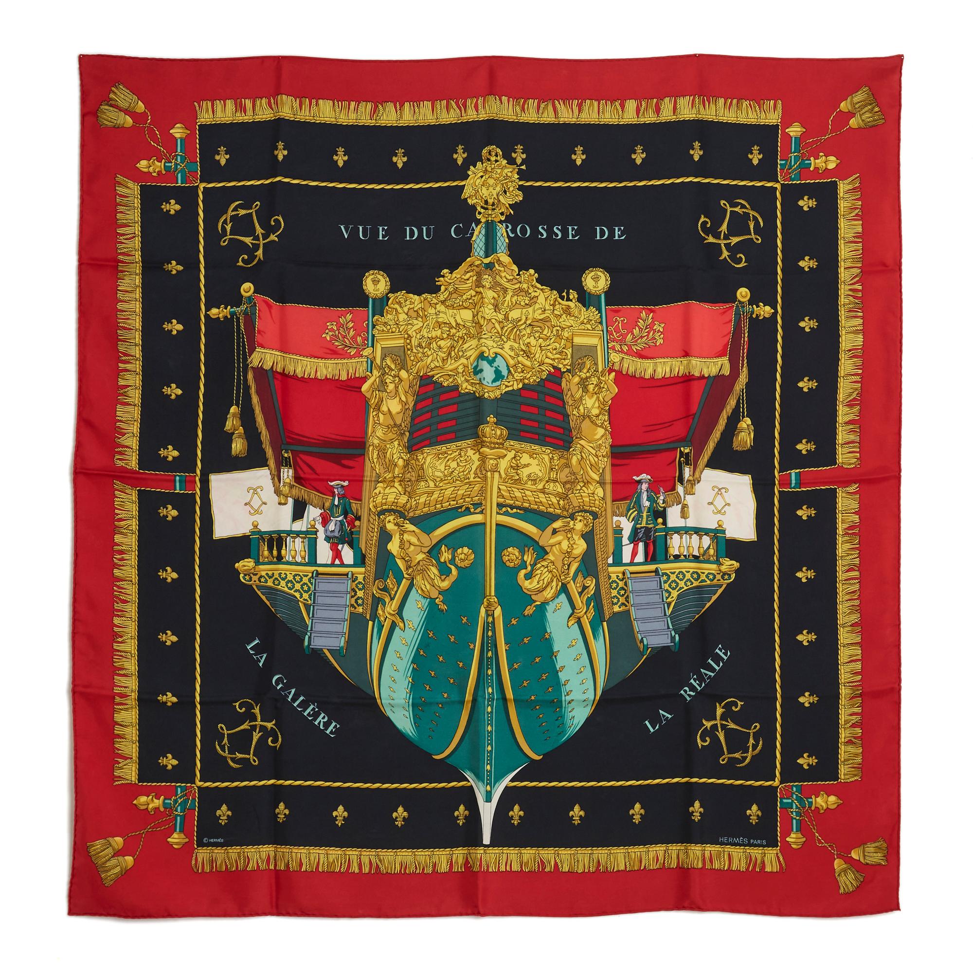 Hermès square 90 scarf in silk twill, View of the coach of the galley La Reale pattern by Hugo Grygkar, published in 1953, reissued in 1992 (like this one) and in 2007, with wide red edges and central motif on a black background, hand rolled edges.