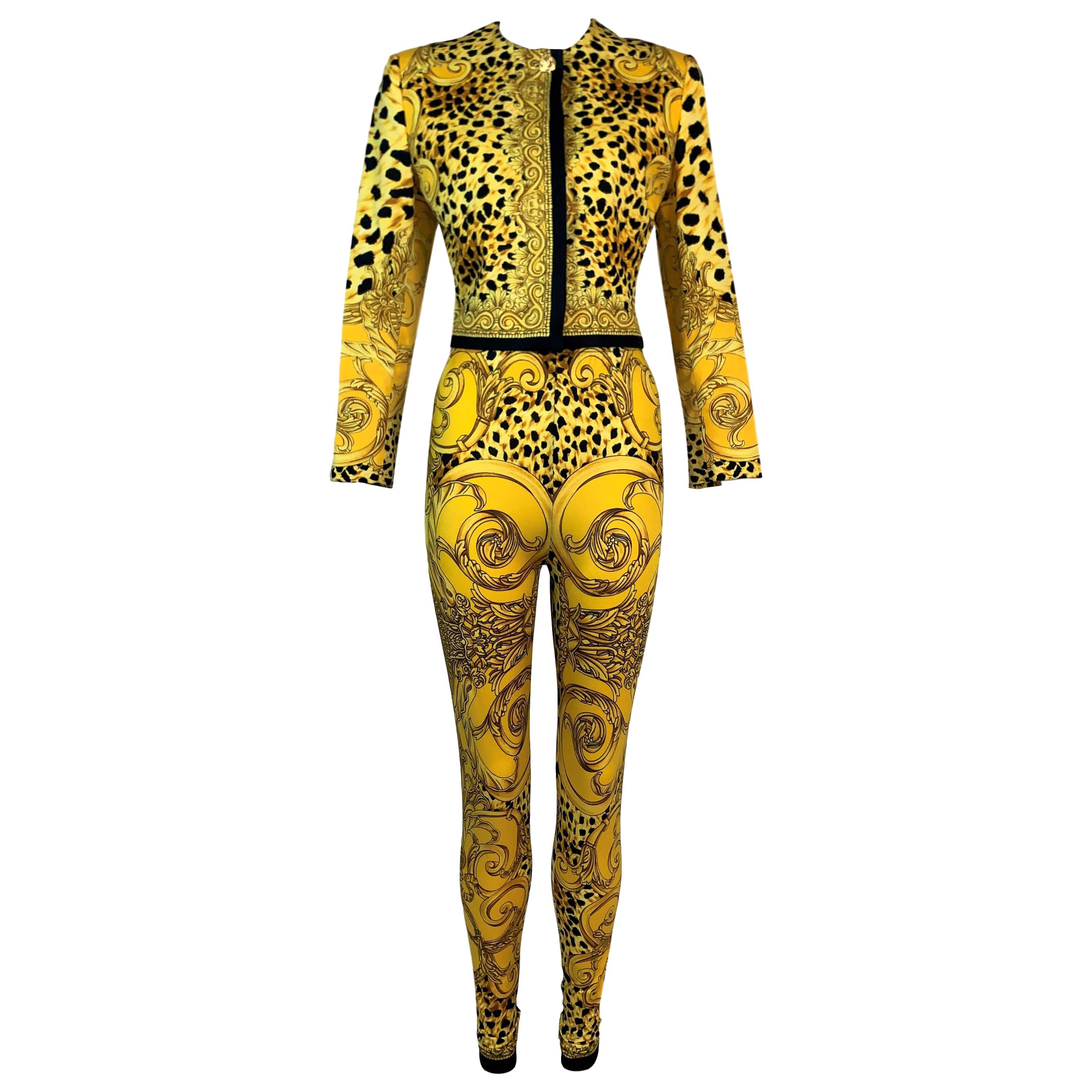1992 Instante Gianni Versace Leopard Gold Yellow Leggings & Cropped Jacket