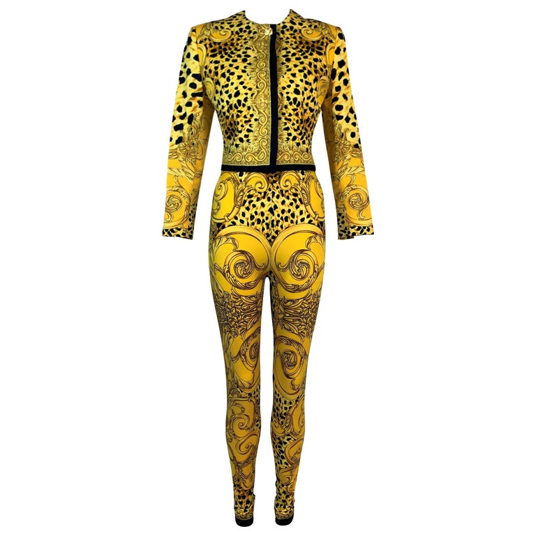 1992 Instante Gianni Versace Leopard Gold Yellow Leggings and Cropped ...