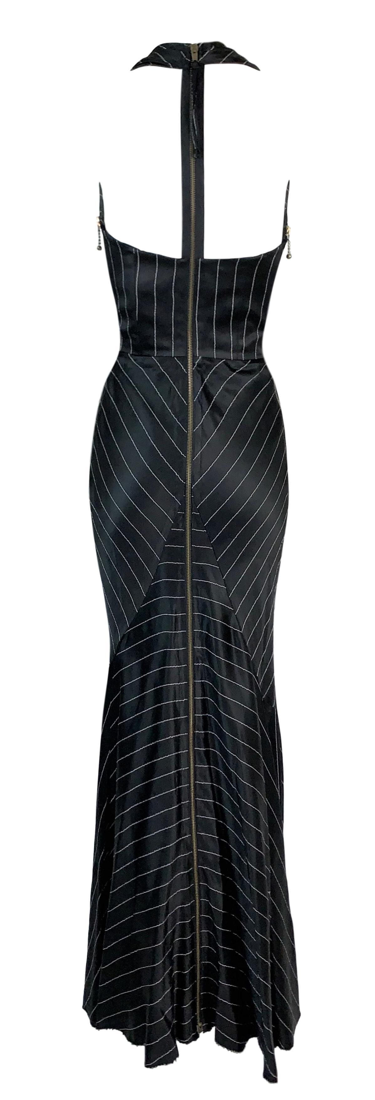 1992 Jean Paul Gaultier Pinstripe V-Neck Full Zipper Black Mermaid Gown Dress In Good Condition In Yukon, OK