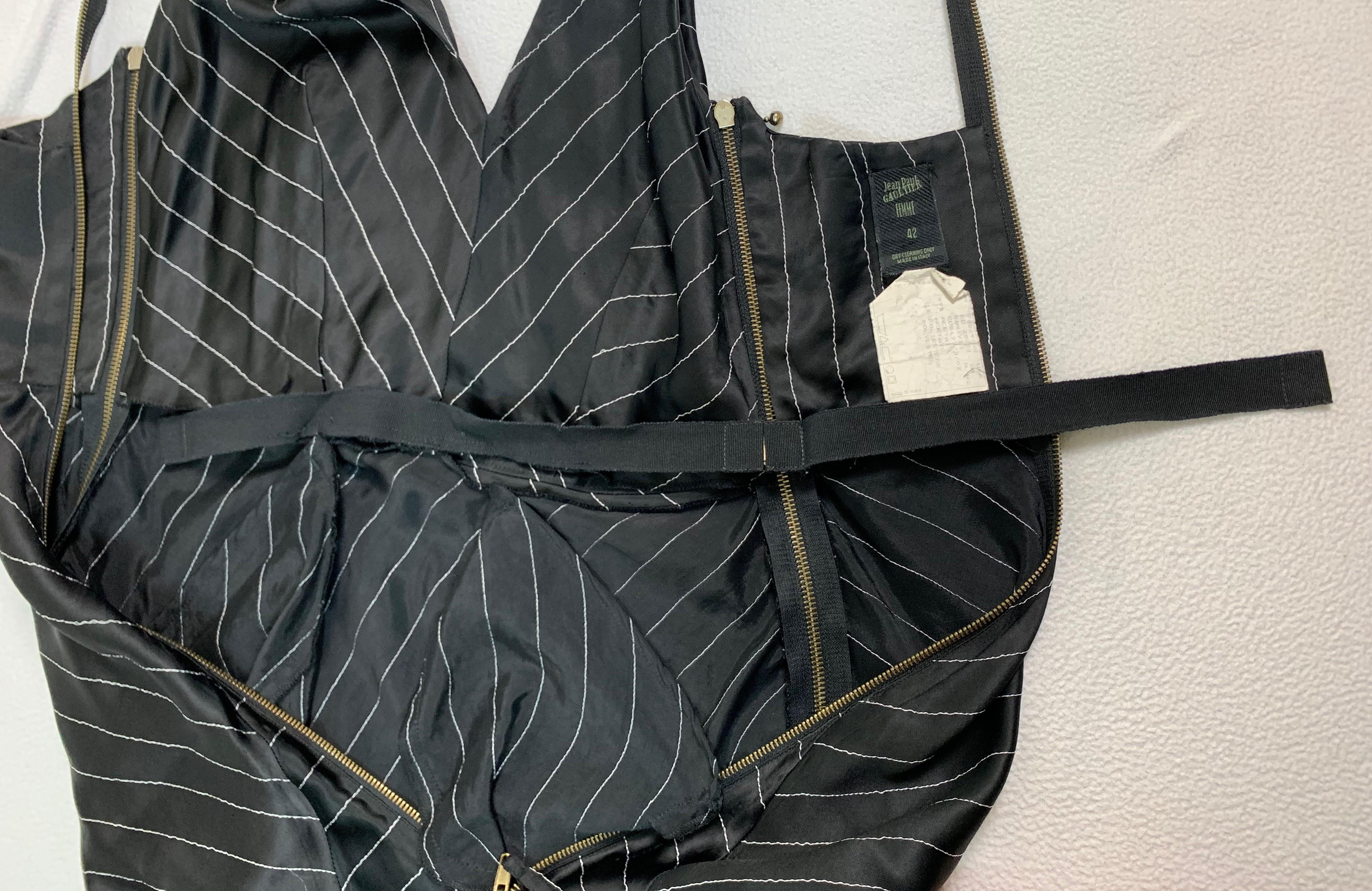 Women's 1992 Jean Paul Gaultier Pinstripe V-Neck Full Zipper Black Mermaid Gown Dress