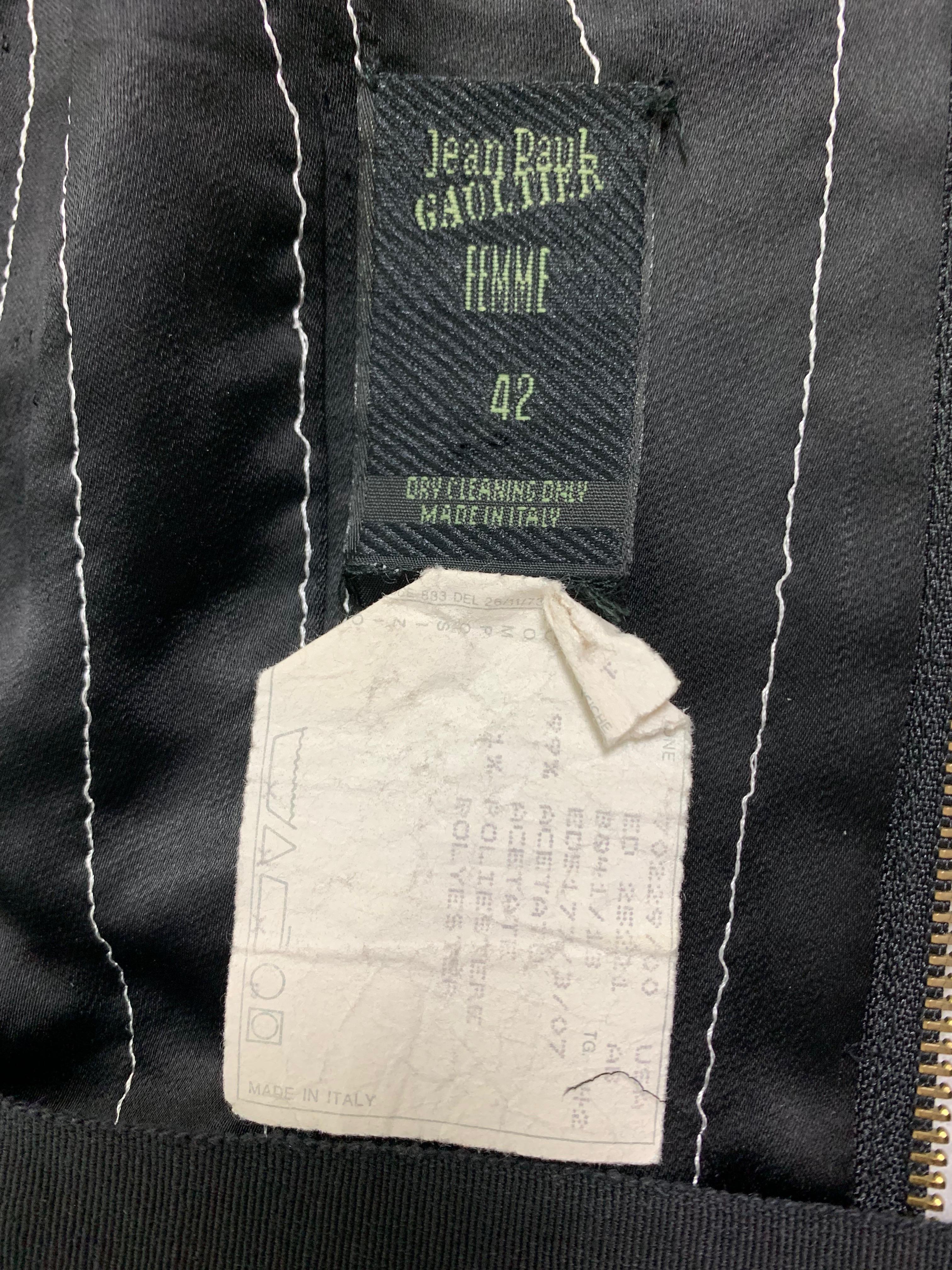 1992 Jean Paul Gaultier Pinstripe V-Neck Full Zipper Black Mermaid Gown Dress 1