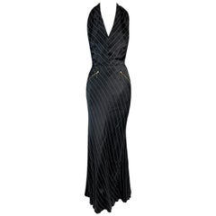 Vintage 1992 Jean Paul Gaultier Pinstripe V-Neck Full Zipper Black Mermaid Gown Dress