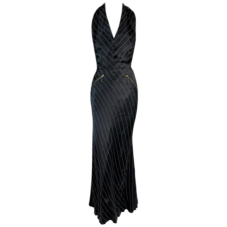 1992 Jean Paul Gaultier Pinstripe V-Neck Full Zipper Black Mermaid Gown  Dress at 1stDibs