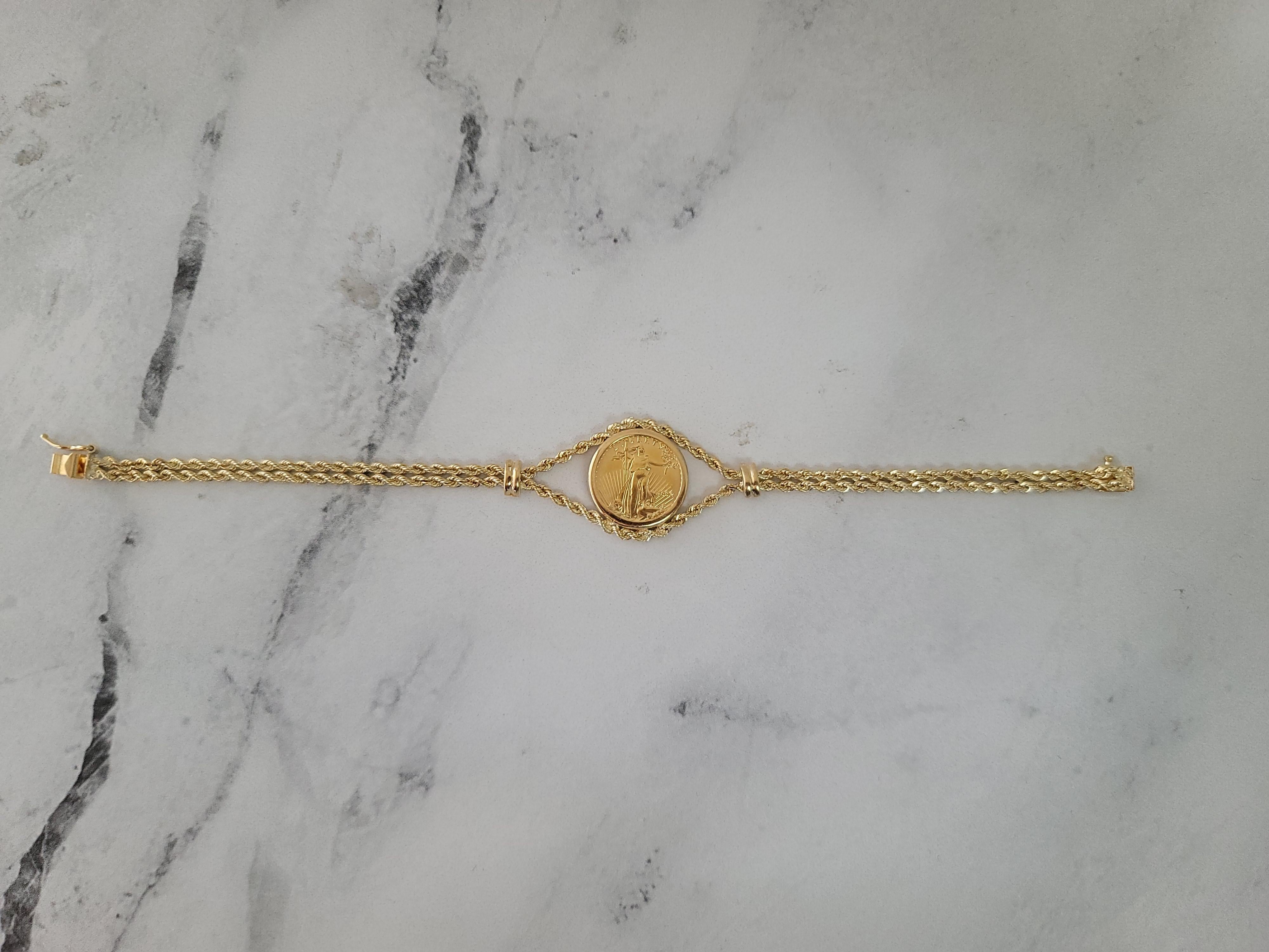 Bracelet de pièces de monnaie américaines Lady Liberty 1992 avec lunette polie sur chaîne en corde  Unisexe en vente