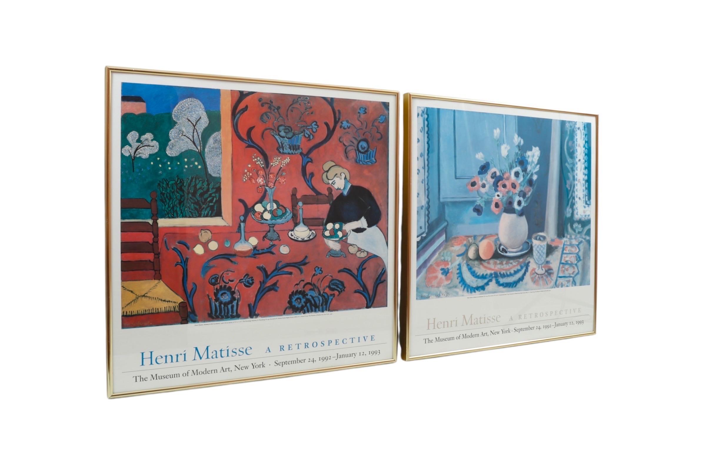 A set of two framed exhibition posters promoting the exhibition ‘Matisse - a Retrospective’ from September 24th 1992, to January 12th, 1993 at the Museum of Modern Art in New York City. One depicts Mattise’s Harmony in Red (La Desserte) from 1908,