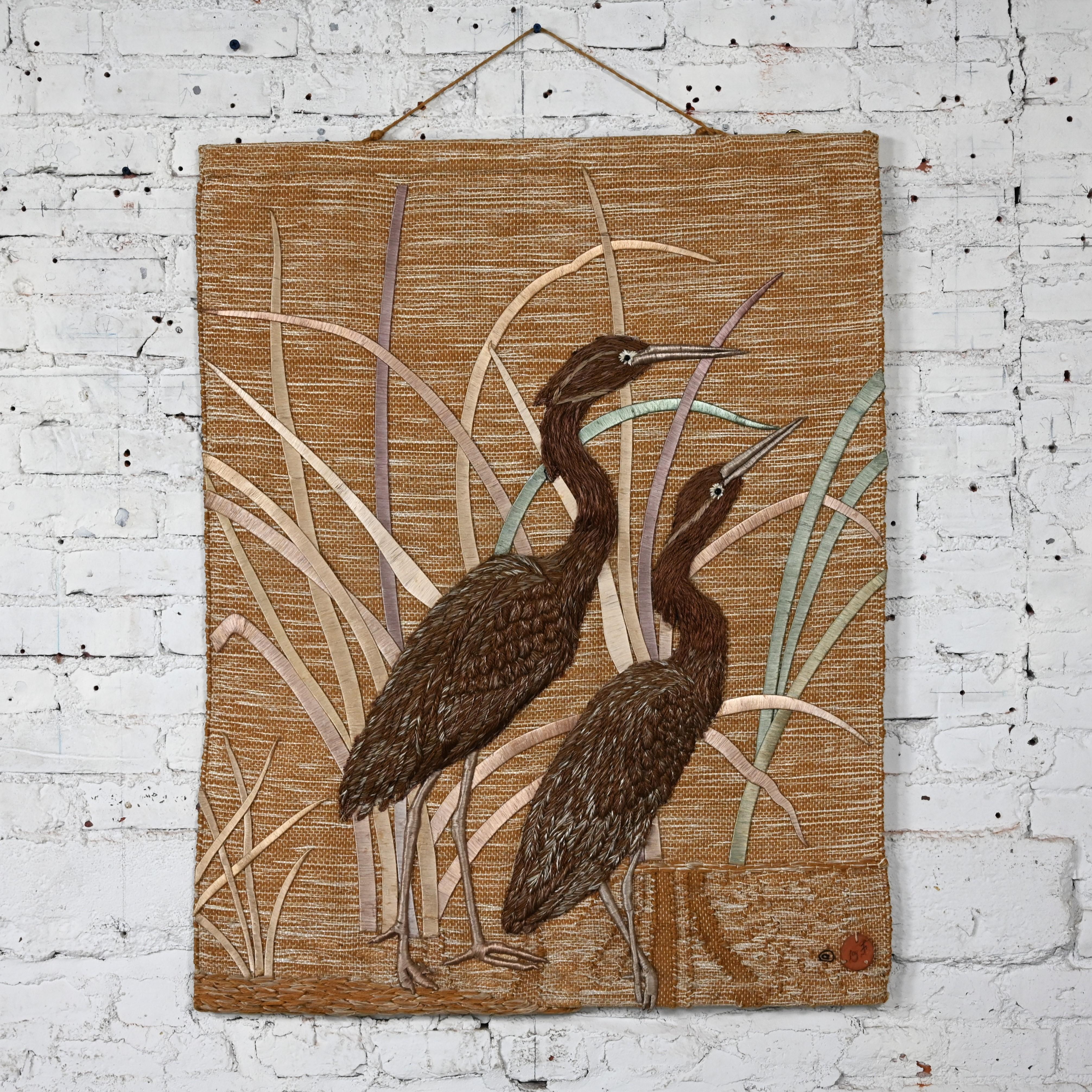 1992 Modern Textile Woven Cranes & Grass Wall Hanging #418 by Don Freedman  For Sale 6