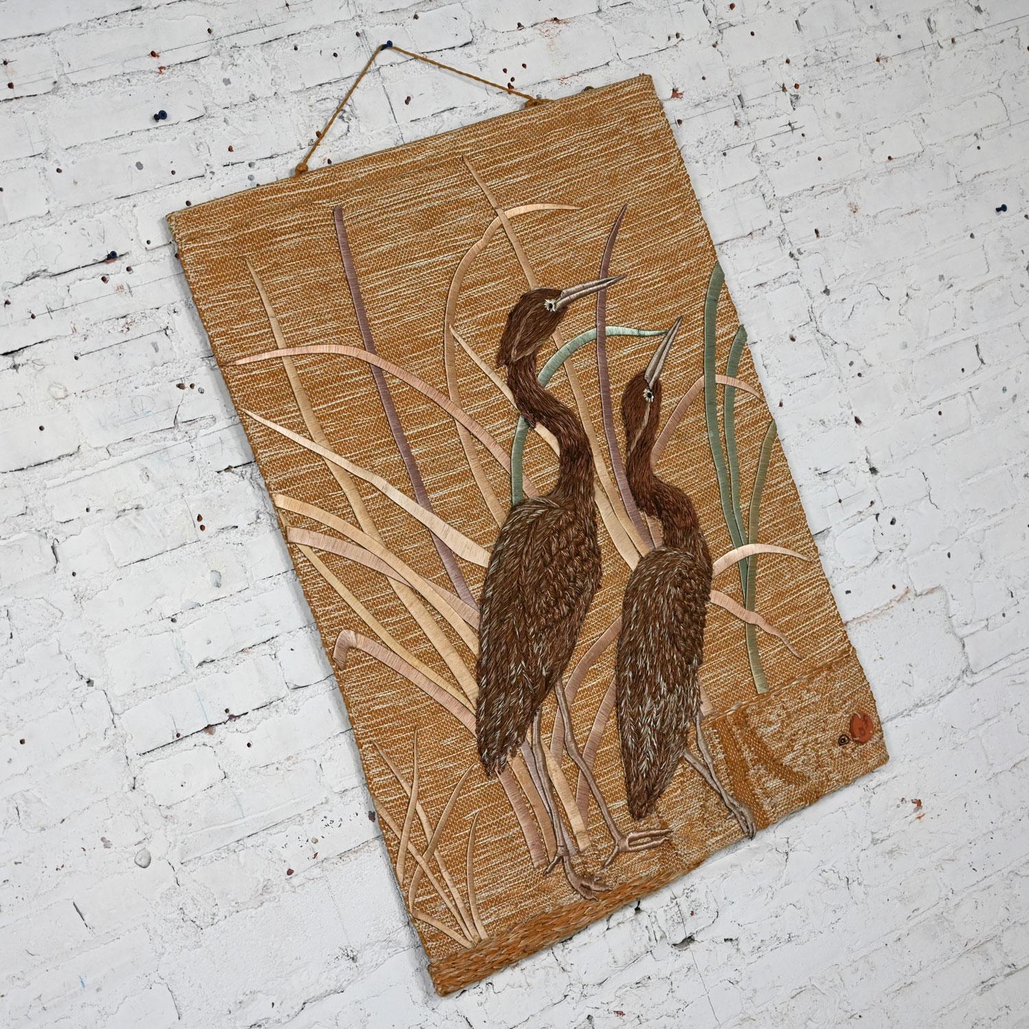1992 Modern Textile Woven Cranes & Grass Wall Hanging #418 by Don Freedman  In Good Condition For Sale In Topeka, KS