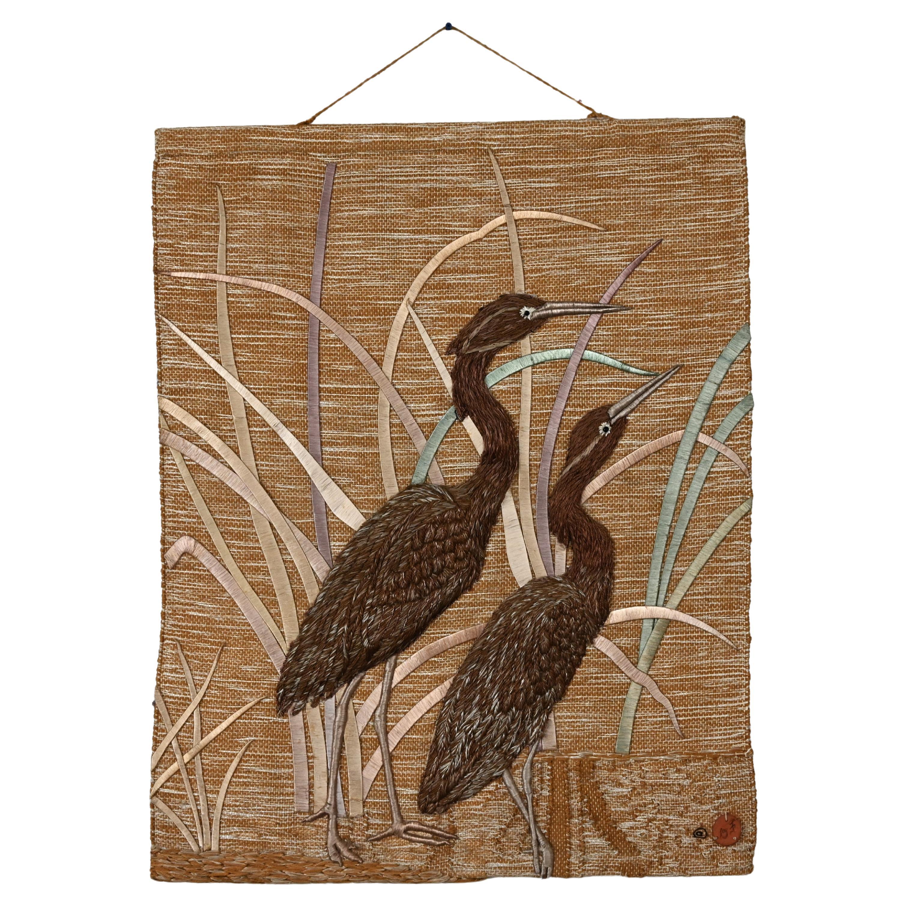 1992 Modern Textile Woven Cranes & Grass Wall Hanging #418 by Don Freedman  For Sale