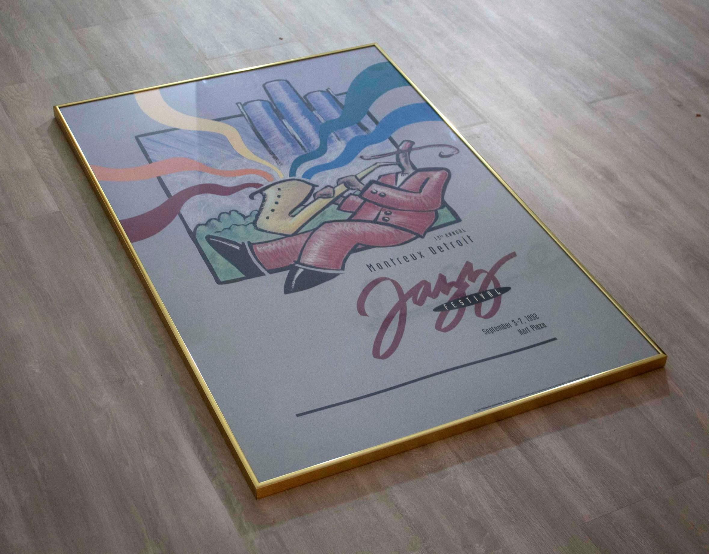 A lively vintage music poster for the 1992 Montreux Detroit Jazz Festival, featuring the art of Christopher J. Gorski, who at the time was a student at the Center for Creative Studies – College of Art and Design Detroit. Dimensions: 36.25H x 24.25W