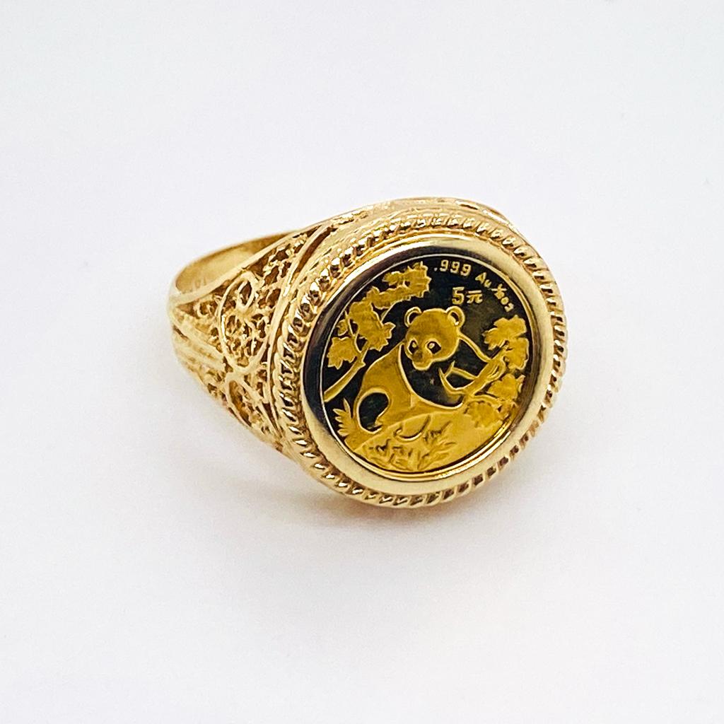 Contemporain 1992 Panda Coin Filigree Ring with Rope Frame, 1/20th oz 24K Gold Coin in 14K