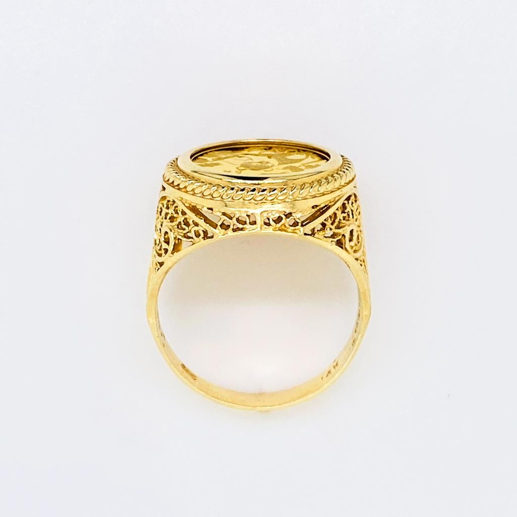 1992 Panda Coin Filigree Ring with Rope Frame, 1/20th oz 24K Gold Coin in 14K Neuf à Austin, TX