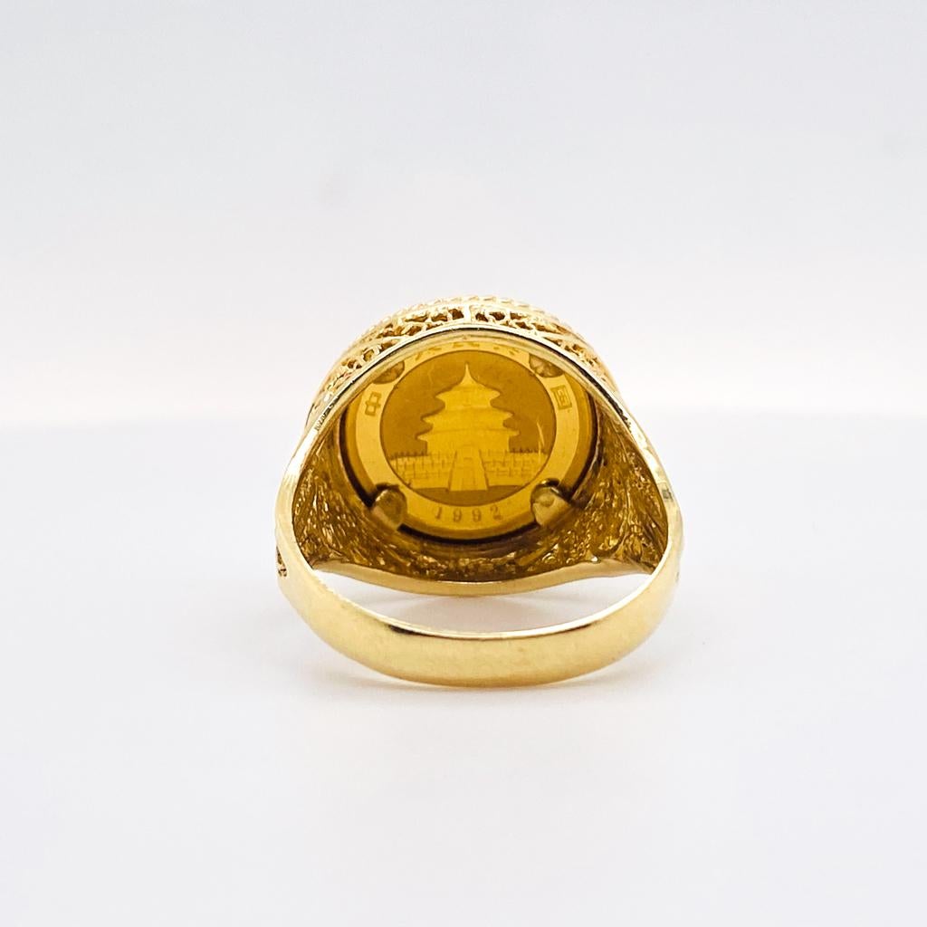 Contemporary 1992 Panda Coin Filigree Ring with Rope Frame, 1/20th oz 24K Gold Coin in 14K