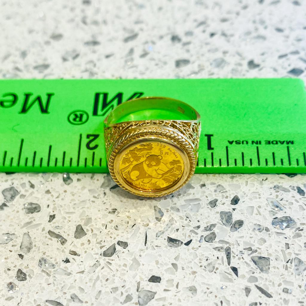 1992 Panda Coin Filigree Ring with Rope Frame, 1/20th oz 24K Gold Coin in 14K In New Condition In Austin, TX
