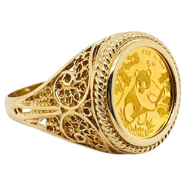 1992 Panda Coin Filigree Ring with Rope Frame, 1/20th oz 24K Gold Coin in 14K