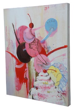 1992 "Pile" by Margaret Curtis Surrealist Oil on Board Ice Cream Cherry Nude