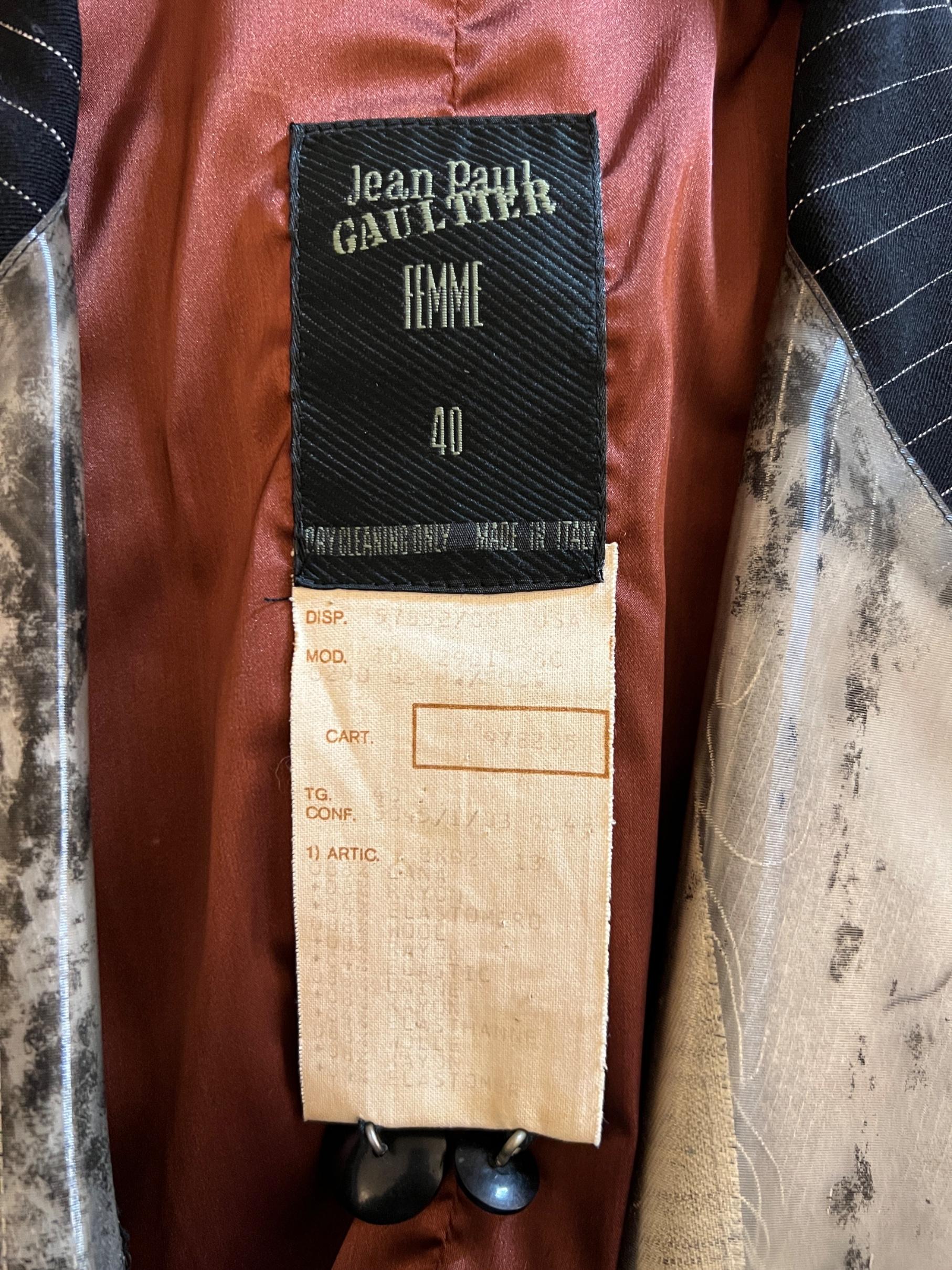 1992 Runway Documented Jean Paul Gaultier Black Pinstripe Jacket For Sale 1