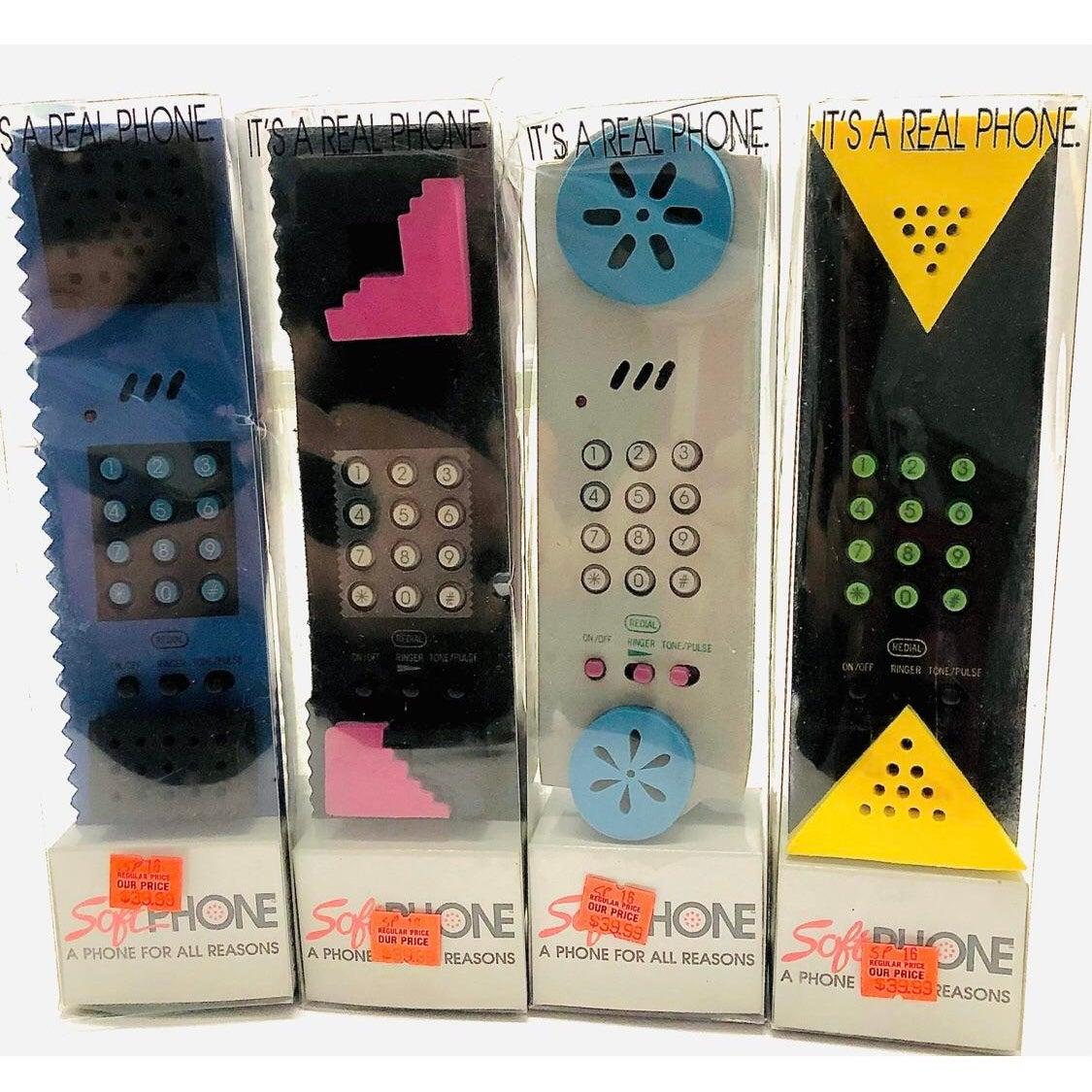 Set of 4 Vintage 1992 Post Modern Geometric Layered Foam CanettiTelephones. 
New old stock in original box. 

Incredible complete set of FOUR 1992 PostModern Canetti Telephone Collection in their Original Boxes, with Price tags, never used. 

The