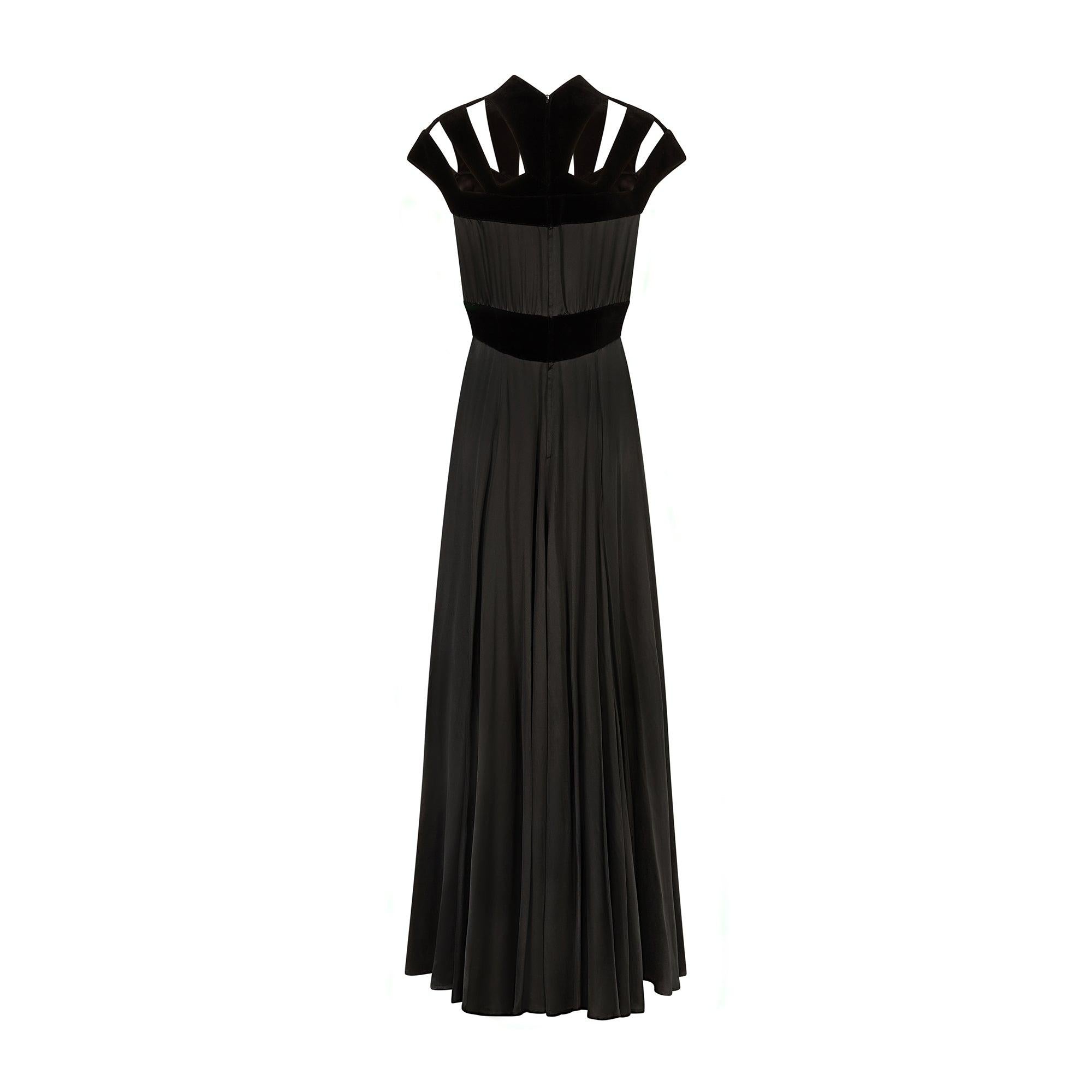 1992 Thierry Mugler Runway Black Satin and Velvet Maxi Dress In Excellent Condition For Sale In London, GB