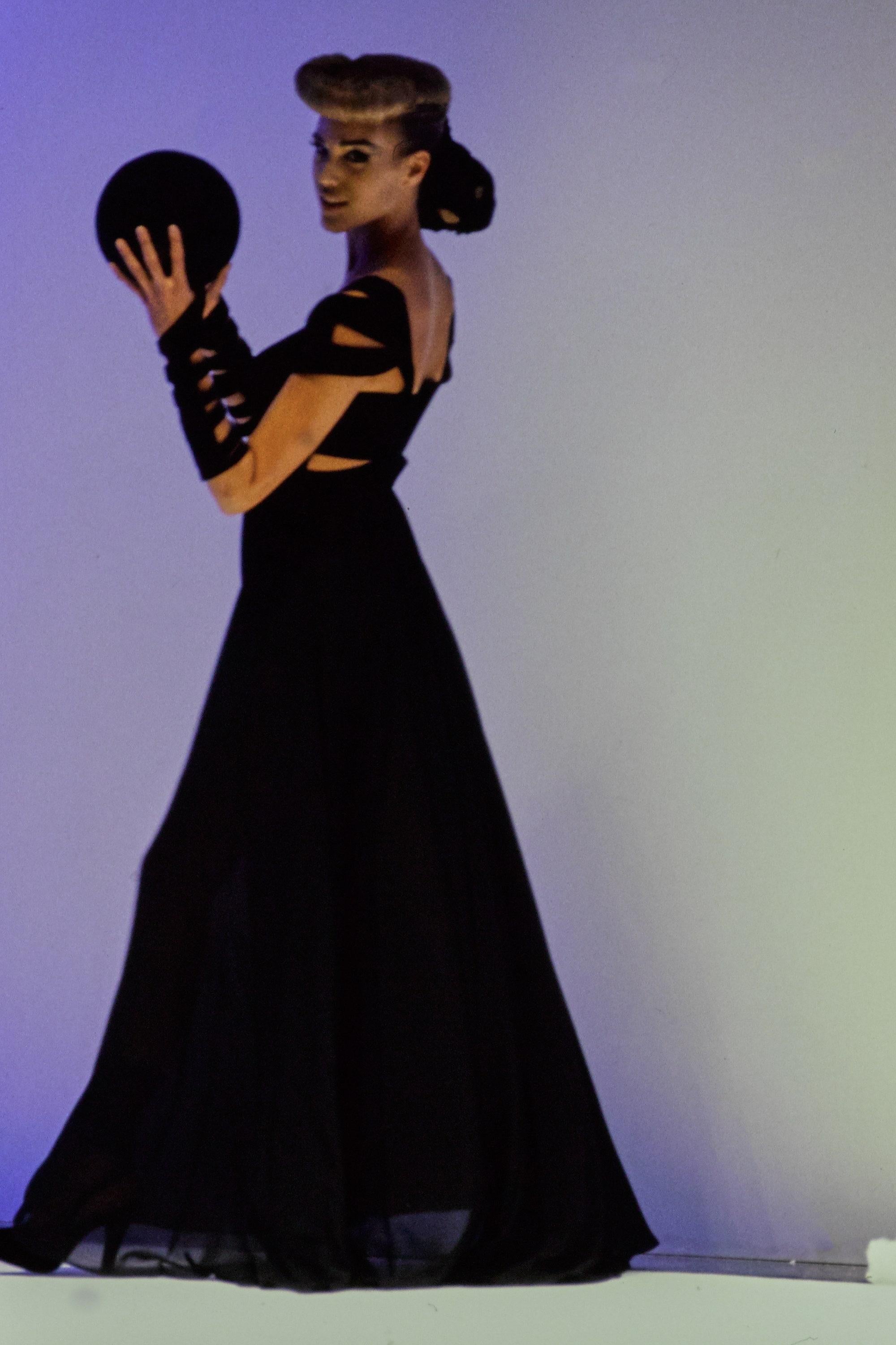 1992 Thierry Mugler Runway Black Satin and Velvet Maxi Dress For Sale 2