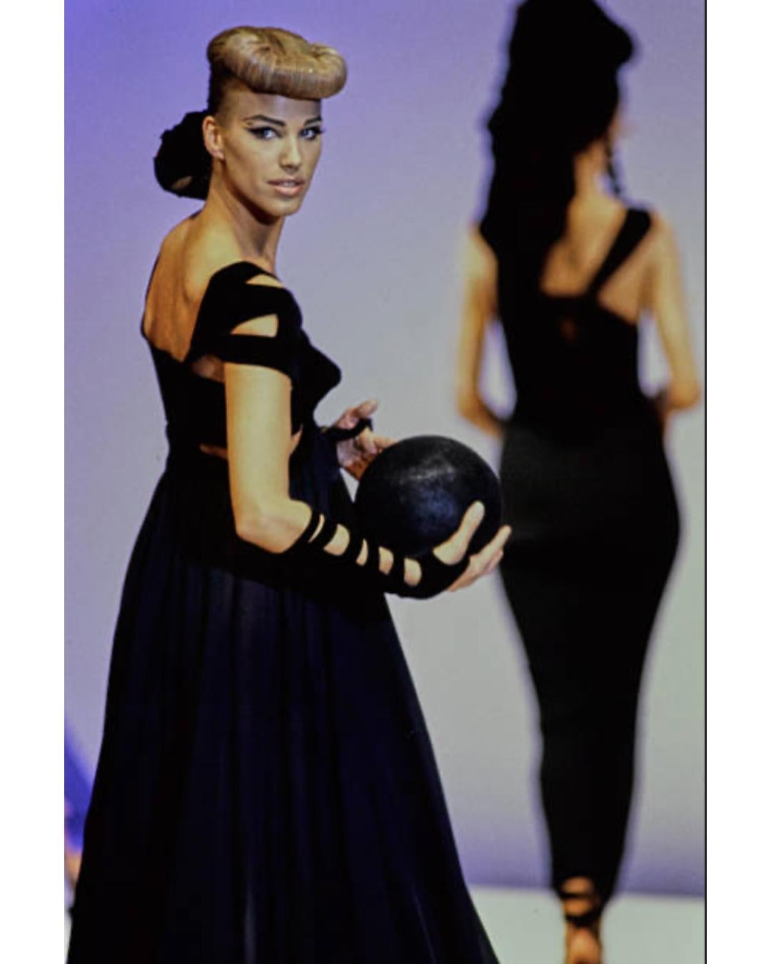 1992 Thierry Mugler Runway Black Satin and Velvet Maxi Dress For Sale 3