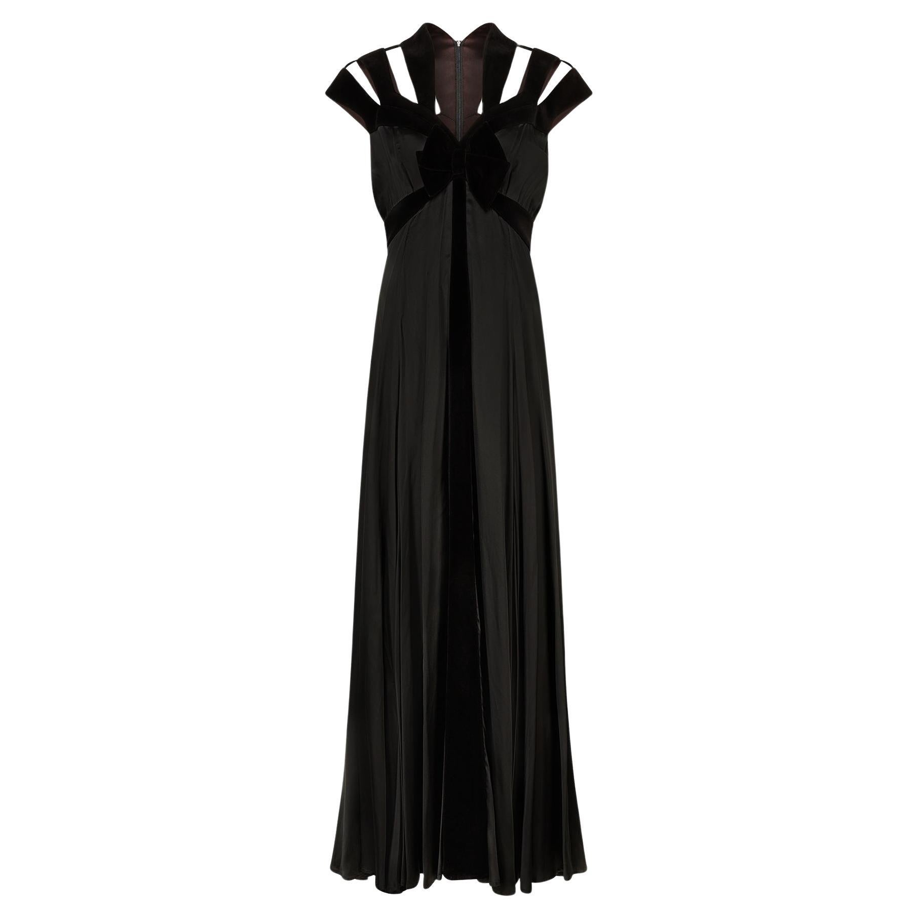 1992 Thierry Mugler Runway Black Satin and Velvet Maxi Dress For Sale