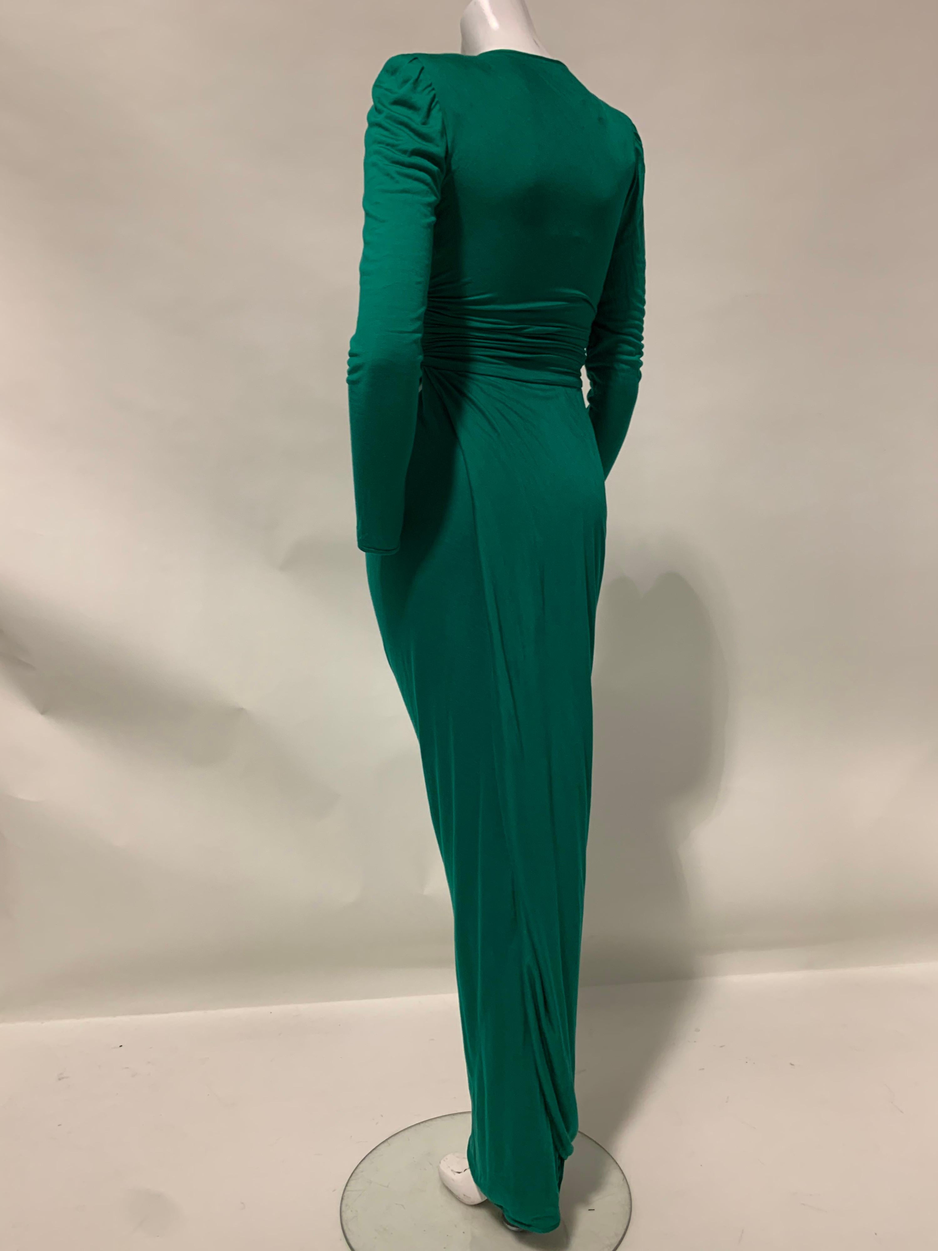 1992 Ungaro Emerald Green Draped Jersey Gown W/ Wrap Back & Bold Shoulders US 6 For Sale 4