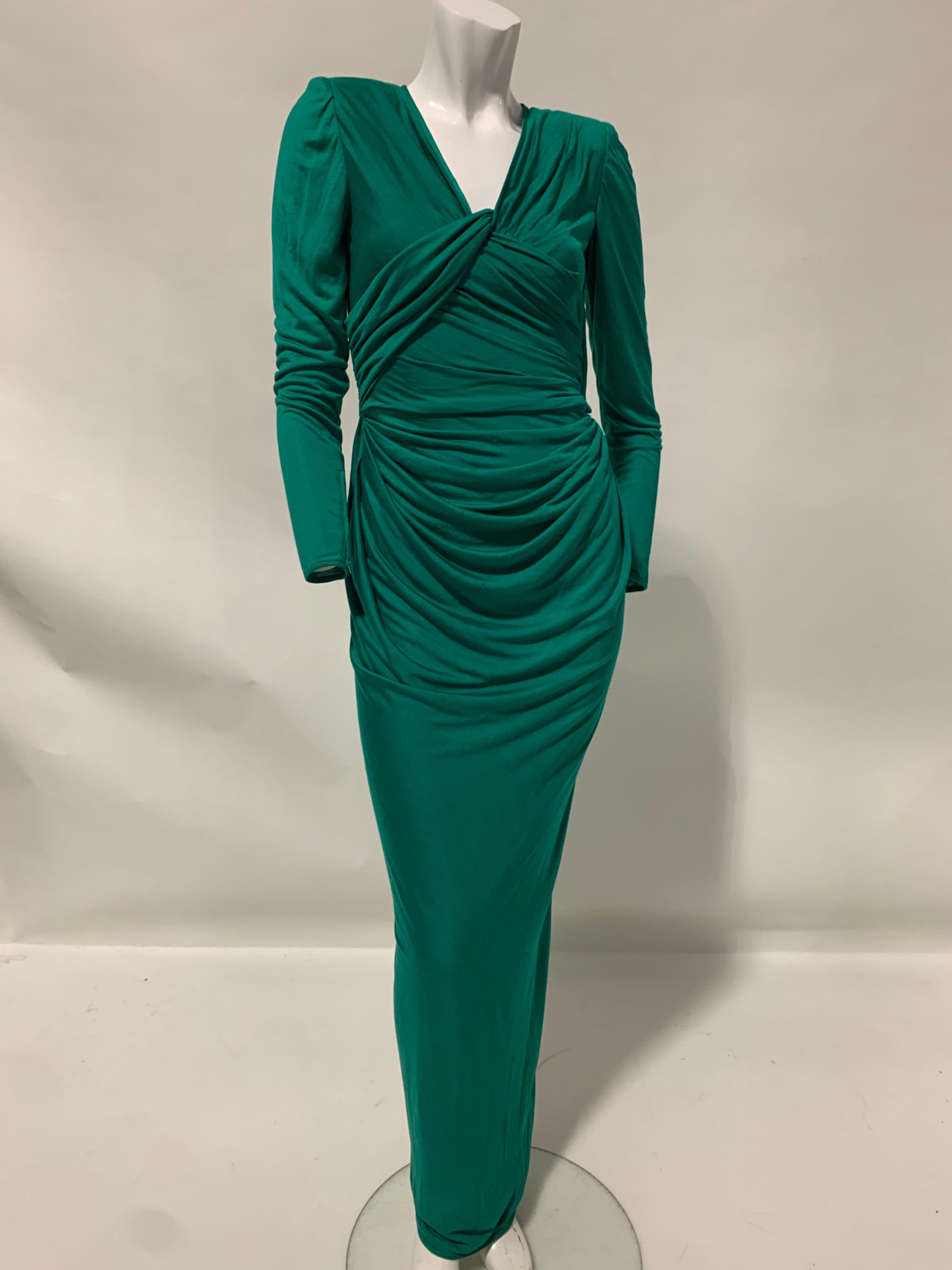 1992 Ungaro Emerald Green Draped Jersey Gown W/ Wrap Back & Bold Shoulders US 6 For Sale 7
