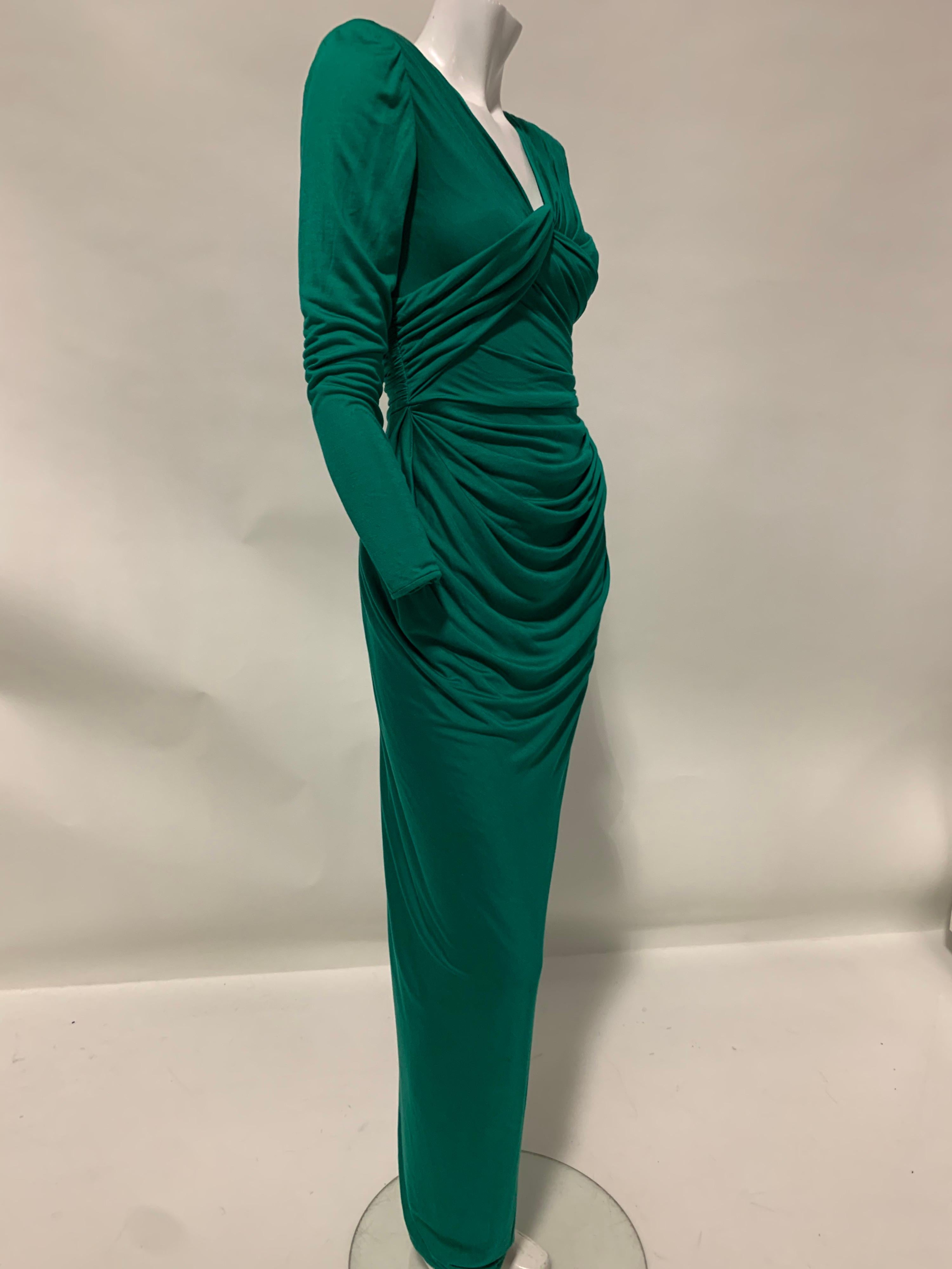1992 Ungaro Emerald Green Draped Jersey Gown W/ Wrap Back & Bold Shoulders US 6 For Sale 10