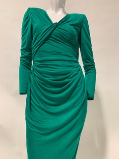 1992 Ungaro Emerald Green Draped Jersey Gown W/ Wrap Back & Bold Shoulders US 6