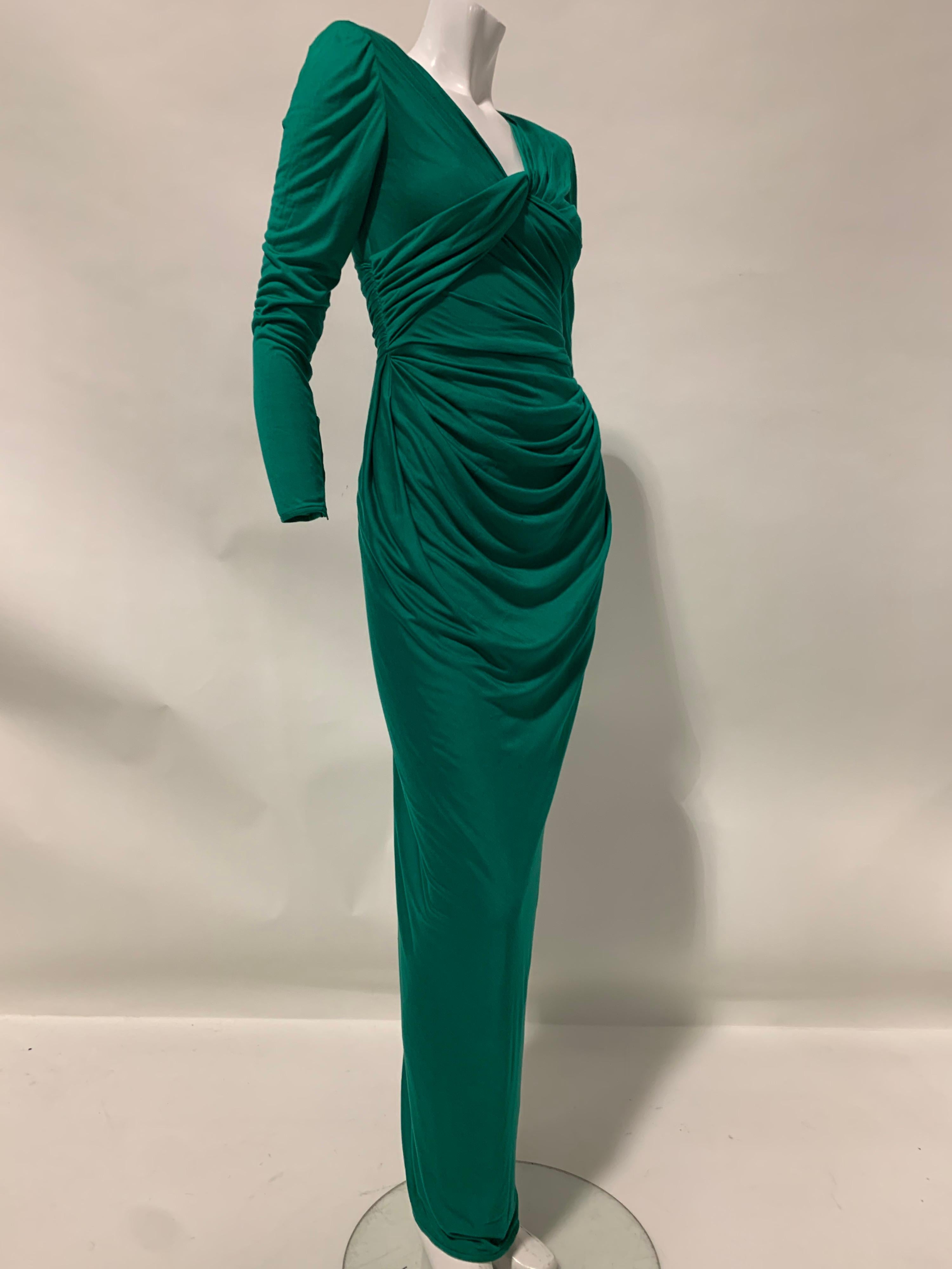 1992 Ungaro Emerald Green Draped Jersey Gown W/ Wrap Back & Bold Shoulders US 6 In New Condition For Sale In Gresham, OR