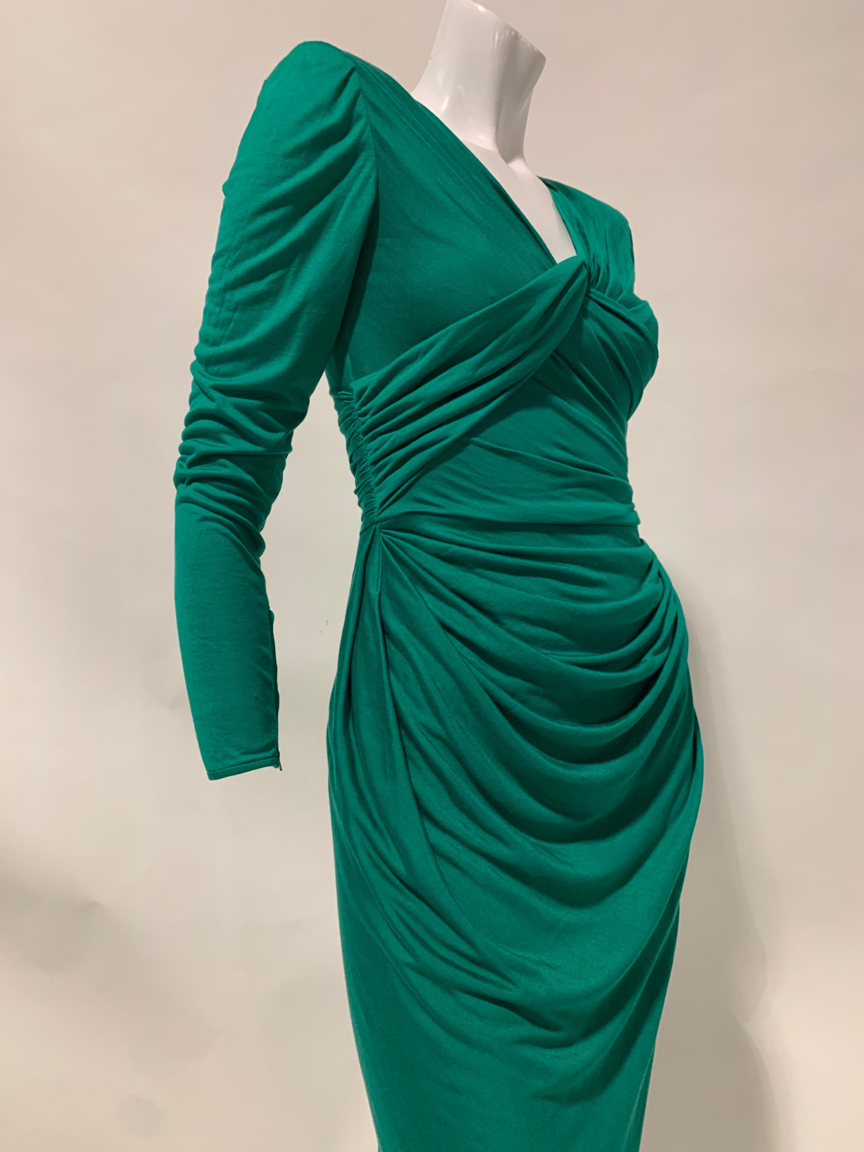 Women's 1992 Ungaro Emerald Green Draped Jersey Gown W/ Wrap Back & Bold Shoulders US 6 For Sale